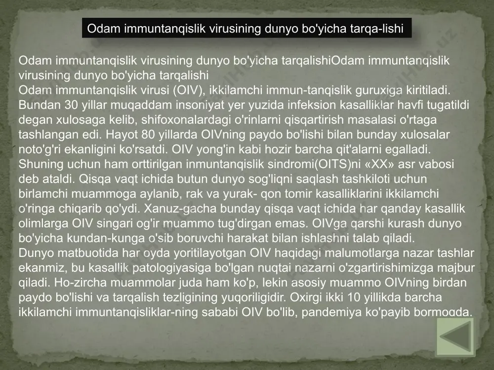uchraydi: har 10 mln. aholiga 1-2 bemor to'g'ri keladi, hamda asosan faqat 60 yoshdan katta erkaklar unga chalinadi. n'yu-york gospitaliga tushgan bemorlar esa 30 yosh atrofidagi kishilar bo'lib, ularning barchasi gomoseksualistlar edi. ushbu bemorlarda sarkoma kaposhi o'sma kasalligi sifatida kechib, ko'pchiligi 20 oy mobaynida vafot etdilar. oiv | oits-tarixi 1981 yilning bahorida los-anjeles vrachlari yana bir turdagi, ya'ni pnevmosistik pnevmoniyaning maxsus formasi ko'rinishidagi kasallarni aniqladilar. bu kasallikni oddiy pneumocystis carini bakteriyalari chaqirib, immun tizimni zararlanishi bilan harakterlanadi va asosan a'zolarni ko'chirib o'tqazil-gandan keyingi intensiv davolash jarayonidagi kishilarda, ya'ni juda ham kam uchrar ekan. pnevmosistik pnevmoniya ham yosh odamlarda ro'yxatga olinib, ular ham gomoseksualistlar edi. 1981 yilning yoz mavsumida aqshda 116 kishida ushbu kasallik ro'yxatga olindi. bu vaqtda kasallikni klinik ko'rinishi bo'yicha immuntizim tanqisligi ma'lum bo'lib kasallikni kelib chiqishi muammo bo'lib turdi. kasallikni kutilmaganda paydo bo'lishi, chaqmoq singari tez tarqalishi, yomon sifatli o'smalar bilan, tushinib bo'lmaydigan darajada bog'liqligi pnevmosistik pnevmoniya, gemofiliya, …