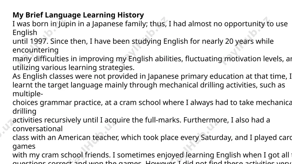 language-learning ability” (ellis & shintani, 2014, p. 340). horwitz (1987) categorized learner beliefs into five types: “(1) the difficulty of language learning, (2) aptitude for language learning, (3) the nature of language learning, (4) learning and communication strategies, and (5) motivation and expectations” (as cited in ellis, 2008, p. 8). furthermore, some studies reveal that there is a positive relationship between learner beliefs and learners’ learning behaviors (e.g. barcelos & kalaja, 2011; shibata, 2019). therefore, it is essential to explore which types of belief i had and how the beliefs influenced my learning attitude and behaviors. as benson (2011) highlights, my reflections on learning experiences changed my beliefs. this shift helped me to form objectives and consider possible learning strategies to overcome difficulties. furthermore, setting learning resolutions also raised my longitudinal perseverance to learn the target language, consistent with locke et al (1981)’s argument that the act of goal setting …