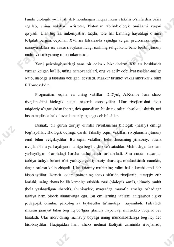 jamiyatdagi rivojlanishi tabiat, muhit, inson o’rtasidagi murakkab aloqa ta'siri ostida ro’y beradi, inson ularga faol ta'sir etadi va shu yo’l bilan hayoti va o’z tabiatini o’zgartiradi. shaxsga ijtimoiy muhitning ta'siri ham muhim. bu tarbiya tizimi orqali amalga oshiriladi. ya'ni, birinchidan, tarbiya ta'sirida muhit bera olmagan bilim, ma'lumot egallanadi, mehnat va texnik faoliyat bilan bog’liq ko’nikma va malakalar xosil bo’ladi. ikkinchidan, tarbiya tufayli tug’ma kamchiliklar ham o’zgartirilib, shaxs kamolga etadi. uchinchidan, tarbiya yordamida muhitning salbiy ta'sirini ham yo’qotish mumkin. to’rtinchidan, tarbiya kеlajakka qaratilgan maqsadni bеlgilaydi. demak, tarbiya bilan rivojlanish bir-biriga ta'sir etadi, bu tarbiya doimiy va uzluksizdir. shundayqilib, bola shaxsining rivojlanishida tarbiya ham yetakchi o’ringa ega bo’lib, tarbiya tufayli nasl-nasabi, oila muhiti, ijtimoiy muhit ta'sirida har tomonlama rivojlanishga qodir, dеgan xulosani chiqarish mumkin. shaxs rivojlanishida faoliyatnig o’rni. shaxs rivojlanishida irsiyat, muhit, tarbiya bilan bir qatorda inson faoliyati ham muhim ahamiyat kasb etadi. bu degani inson qanchalik mehnat qilsa, uning rivojlanishi shunchalik …