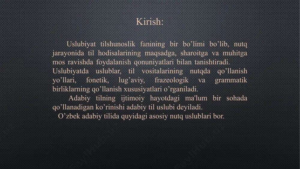 y-idoraviy uslubda ko’pincha darak gaplardan, qaror, buyruq, ko’rsatma kabilarda esa buyruq gaplardan ham foydalaniladi. bu uslubda gap bo’laklarining odatdagi tartibda bo’lishiga rioya qilinadi: o’z lavozimini suiiste'mol qilganligi uchun m.ahmedovga hayfsan e'lon qilinsin. ommabop (publitsistik) uslub tashviqot-targ’ibot ishlarni olib borishda qo’llanadigan uslub, ya'ni matbuot uslubi ommabop uslub hisoblanadi. bu uslubda ijtimoiy-siyosiy so’zlar ko’p qo’llanadi. nutq ta'sirchan bo’lishi uchun ta'sirchan so’z va birikmalardan, maqol va hikmatli so’zlardan ham foydalaniladi. bunday uslubda gap bo’laklari odatdagi tartibda bo’ladi, kesimlar buyruq va xabar maylidagi fe'llar bilan ifodalanadi, darak, his-hayajon va ritorik so’roq gaplardan, yoyiq undalmalardan, takroriy so’z va birikmalardan unumli foydalaniladi: azamat paxtakorlarimiz mo’l hosil etishtirish uchun fidokorona mehnat qilishyapti. badiiy uslub badiiy asarlar (nazm, nasr va dramatik asarlar) badiiy uslubda bo’ladi. badiiy asar kishiga ma'lumot berish bilan birga, timsollar (obrazlar) vositasida estetik ta'sir ham ko’rsatadi: o’lkamizda fasllar kelinchagi bo’lmish bahor o’z sepini yoymoqda. badiiy uslubda qahramonlar nutqida oddiy nutq so’zlari, sheva, vulgarizmlardan ham foydalaniladi. …