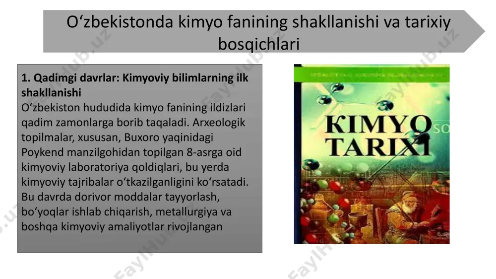 asosiy ishlab chiqarish korxonalari 🔹 o‘zkimyosanoat aj faoliyat yo‘nalishlari: mineral o‘g‘itlar, polimer materiallar, pestitsidlar ishlab chiqarish.​ investitsiya loyihalari: yangi ishlab chiqarish quvvatlarini yaratish, texnologik modernizatsiya.​ 🔹 navoiyazot aj mahsulotlar: azotli o‘g‘itlar, ammoniy nitrat, metanol.​ rejalar: 2024–2030-yillarda 5 milliard dollarlik 22 ta loyiha amalga oshiriladi, yillik ishlab chiqarish hajmi 2 milliard dollardan oshadi 🔹 zarafshon kimyo majmuasi mahsulotlar: mineral o‘g‘itlar, sun’iy tolalar, polimer materiallar, kimyoviy reagentlar.​ joylashuv: navoiy viloyati 🔹 universal filter mahsulotlar: kimyoviy filtrlar, ekologik tozalovchi vositalar.​ joylashuv: navoiy viloyati.​ 3. rivojlanish istiqbollari modernizatsiya va diversifikatsiya: yangi texnologiyalarni joriy etish, yuqori qo‘shimcha qiymatli mahsulotlar ishlab chiqarishni kengaytirish.​investitsiya loyihalari: xorijiy va mahalliy investitsiyalarni jalb qilish, yangi ishlab chiqarish quvvatlarini yaratish.​ekologik barqarorlik: ekologik toza texnologiyalarni joriy etish, chiqindilarni qayta ishlash tizimlarini rivojlantirish.​ kimyo fanini va sanoatini rivojlantirishda davlat strategiyasi va istiqbolli yo‘nalishlar 1. davlat strategiyasi asoslari yangi o‘zbekistonning taraqqiyot strategiyasi (2022–2026): prezident shavkat mirziyoyev tomonidan tasdiqlangan ushbu strategiya kimyo sanoatini jadal rivojlantirishni …