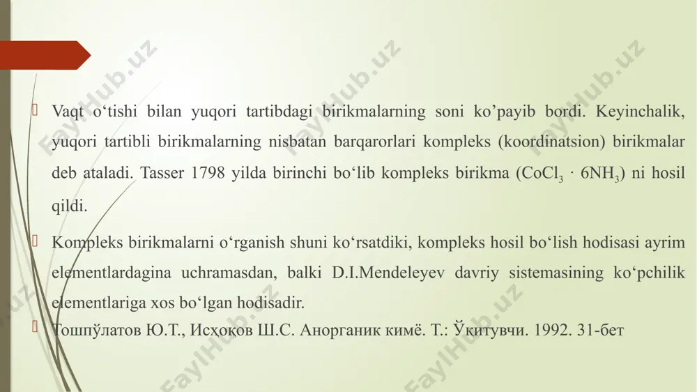 ik shamsiev a.sh., raximov x.r., muftaxov a.g., nigay k.g., timoxina n.i. kabi olimlar samarali ishlab, o’zbek kimyogar olimlarining o’ziga xos yo’nalishini yaratishda hissalarini qo’shdilar. 1943 yilda o’zbekistonda fanlar akademiyasi tashkil etildi, uning qoshidagi kimyo instituti (hozirgi umumiy va anorganik kimyo instituti)da bu ishlar rivojlandi (akad. n.a. parpiev maktabi). toshfarmida prof. m.a. azizov rahbarligidagi ilmiy yo’nalish shakllantirildi, bular koordinatsion birikmalar kimyosining kompleks rivojlanishiga munosib hissalarini qo’shdilar. azizov m.a. kamqonlik kasalligiga qarshi "koamid", "ferramid" preparatlarini yaratdi va hozirgacha ular dori-darmon sifatida ishlatilmoqda. akad. n.a. parpiev olmaliqdagi o’tga chidamli va yuqori haroratda suyuqlanadigan metallar kombinatida volfram, vanadiy, reniy kabi elementlarni sof xolda ajratishning sanoat usulini joriy qildi. image1.png image2.png image3.png image4.png /docprops/thumbnail.jpeg