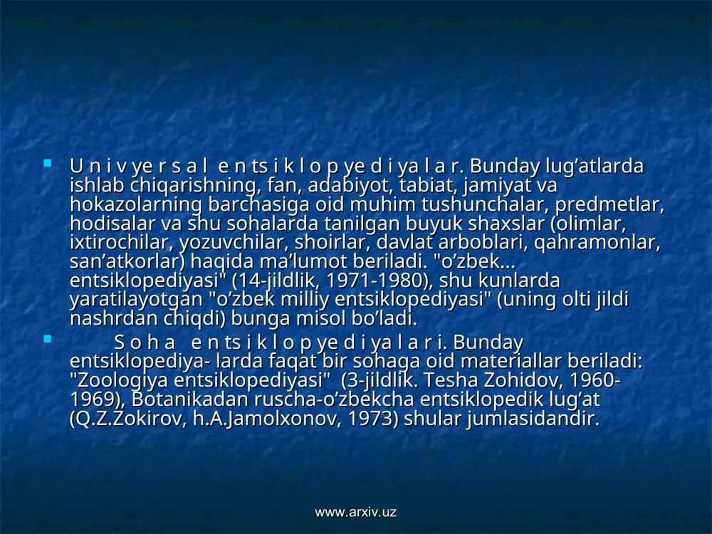 izohsiz lug’atlar deb, shunday so’z yoki terminlarning ma’nolariga izoh beradigan lug’atlar izohli lug’atlar deb ataladi. chunonchi: "o’zbek tilining qisqacha imlo lug’ati" (f.kamolov va z.ma’rufov tahriri ostida, 1962), "o’zbek tilining chappa lug’ati" (r.qo’ng’irov, a.tixonov, 1968) kabilar izohsiz lug’atlar, "o’zbek tili sinonimlarining izohli lug’ati" (azim hojiev, 1974), "o’zbekcha-ruscha lug’at" (bosh muharrir-prof.a.k.borovkov, 1959), "o’zbek tilining izohli lug’ati", ikki tomli (1981 y.) kabilar izohli lug’atlardir. www.arxiv.uz www.arxiv.uz ob’ekti (materiallarning qaysi sohaga yoki nimaga oidligi) jihatidan ham lug’atlar xilma-xil bo’ladi. chunonchi: a) terminologik lug’atlar: "ruscha-o’zbekcha fizik terminlar lug’ati" (m.d.yagudaev, r.x.mallin, 1952). "ruscha-o’zbekcha matematik terminlar lug’ati" (m.sobirov, 1952), "pedagogikadan qisqacha ruscha-o’zbekcha terminologiya lug’ati" (sh.boyburova, n.takanaev, 1963), "qisqacha ruscha-o’zbekcha iqtisodiy terminlar lug’ati" (o.aminov, j.do’stmuhamedov, a.usmonov, 1971), "turkiy tillarda qavm-qarindoshlik terminlari" (i.ismoilov, 1966) va h.k; b)frazeologik lug’atlar: "o’zbek tilining qisqacha frazeologik lug’ati" (sh.rahmatullaev, 1964); "o’zbek tilining izohli frazeologik lug’ati" (sh.rahmatullaev, 1978); "ruscha-o’zbekcha frazeologik lug’at" (m.sodiqova, 1972); "frazeologicheskiy slovarь "hazoyin-ul maoniy" alishera navoi" (e.a.umarov, 1971) v)orfografik lug’atlar: "o’zbek adabiy …