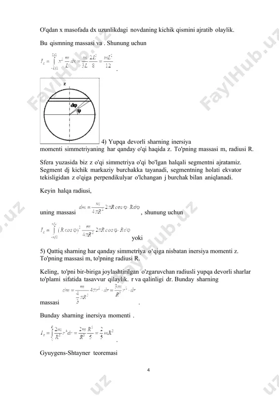 tashqi kuchlarning aylanish o'qiga nisbatan momentlarining algebraik yig'indisini tananing ushbu o'qga nisbatan inersiya momentiga bo'lish orqali aniqlanadi. jismning qo'zg'almas o'q atrofida aylanishini va uning tarjima harakatini aniqlaydigan asosiy miqdorlar va tenglamalarni solishtiramiz (1-jadvalga qarang): qattiq jismning translatsiya harakatining dinamikasi ularning inertsiyasining o'lchovi sifatida kuch va massa bilan to'liq aniqlanadi. qattiq jismning aylanish harakati paytida harakat dinamikasi kuch bilan emas, balki uning momenti bilan belgilanadi, inertsiya massa bilan emas, balki aylanish o'qiga nisbatan taqsimlanishi bilan belgilanadi. agar kuch qo'llanilsa, tana burchak tezlanishiga ega bo'lmaydi, lekin uning momenti nolga teng bo'ladi. ishni bajarish metodologiyasi elektr sxemasi laboratoriyani sozlash 6-rasmda ko'rsatilgan. u m d massali diskdan, unga mahkamlangan m 2 massali to'rtta tayoqchadan va novdalarda simmetrik joylashgan m 1 massali to'rtta og'irlikdan iborat. disk atrofida ip o'ralgan bo'lib, undan m og'irlik osilgan. nyutonning ikkinchi qonuniga ko'ra, ishqalanish kuchlarini hisobga olmagan holda yukning m o'zgaruvchan harakati tenglamasini tuzamiz: ( 25) yoki skalyar shaklda, ya'ni. …