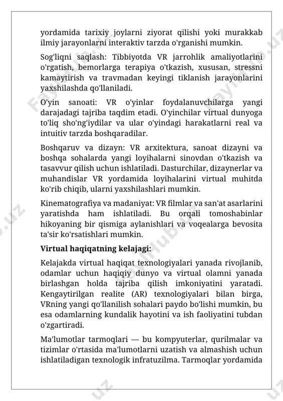 h va almashish uchun ishlatiladigan texnologik infratuzilma. tarmoqlar yordamida foydalanuvchilar bir-biriga ma'lumotlarni tezda va samarali ravishda yetkazib berishlari mumkin. ma'lumotlar tarmoqlari turli xil sohalarda, masalan, biznes, ta'lim, sog'liqni saqlash, sanoat va boshqa sohalarda muhim ahamiyatga ega. ma'lumotlar tarmoqlarining asosiy turlari: mahalliy tarmoq (lan - local area network): mahalliy tarmoq — bu o'zaro bog'langan kompyuterlar va qurilmalardan iborat tarmoq bo'lib, ular odatda kichik geografik hududda joylashadi (masalan, bir ofis yoki bino). lan tarmoqlari yuqori tezlikda ma'lumotlarni uzatish imkoniyatiga ega va ularni bir nechta foydalanuvchilar yoki qurilmalar o'rtasida bo'lishish mumkin. muhokama: kengaytirilgan borliq (ar) texnologiyasi zamonaviy raqamli transformatsiyaning muhim yo‘nalishlaridan biri bo‘lib, turli sohalarda yangi imkoniyatlar yaratmoqda. ushbu maqolada ar texnologiyasining asosiy tamoyillari, uning turlari va qo‘llanilish sohalari tahlil qilindi. ar texnologiyasining markerga asoslangan, proyeksiya va superpozitsiya ar kabi turlari foydalanuvchilarga turli xil interaktiv tajribalar taqdim etadi. markerga asoslangan ar obyektlarni aniqlash va ularning ustiga virtual elementlarni joylashtirishga imkon bersa, proyeksiya ar …