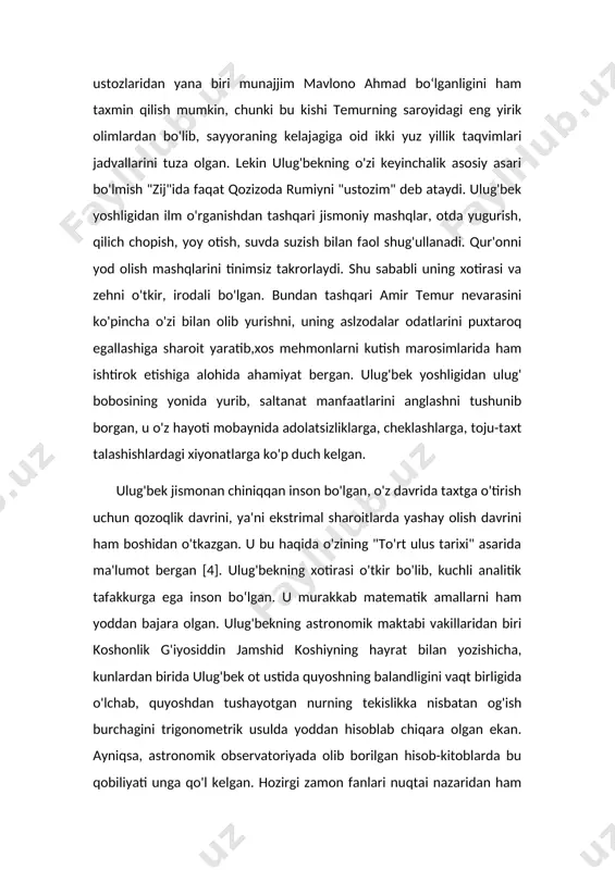 blab chiqadi, unga ko'ra aylanaga ichki chizilgan ko'pburchakning burchaklari soni 3-228 gacha yetkaziladi va undan: 2π = 6,283 185 307 179 586 5 keltirib chiqarilgan. jadval tuzishdan oldin ulug'bek observatoriyasida to'plangan kuzatish natijalari statistik usulda umumlashtirilib, korrelyatsiya qilingan va yakuniy xulosalar chiqarilgan. shuningdek, mazkur observatoriyaning qulay imkoniyatlaridan samarali foydalangan ulug'bek akademiyasi olimlari yulduz yilining ham eng aniq qiymatini hisoblab topishadi: bu qiymat 365 sutka, 6 soat, 10 minut, 8 sekundga tengdir. bu qadar aniq xulosalarni olishda ishlatilgan matematik, trigonometrik va astronomik usullar hanuzgacha jumboqligicha qolmoqda. 1447-yilda otasi shohruxning vafotidan xabar topgan ulugʻbek balxga joʻnadi. bu yerda u oʻzining marhum akasi boysungʻurning oʻgʻli alovuddavlaning hirotda temuriylar saltanati hukmronligini daʼvo qilganini eshitdi. binobarin, ulugʻbek alouddavlaga qarshi yurish qildi va murgʻobda jangda u bilan uchrashdi. u oʻz jiyani ustidan gʻalaba qozonib, 1448-yilda hirotga qarab yurdi. biroq alouddavlaning ukasi abulqosim bobur mirzo unga yordamga keldi va ulugʻbekni magʻlub etdi. ulugʻbek balxga chekindi va u …