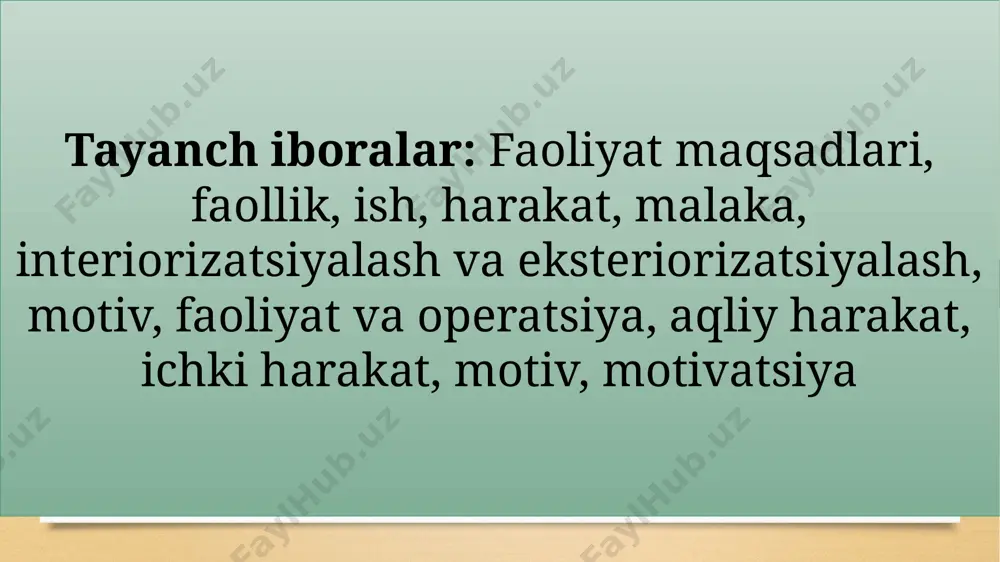ida ko‘rsak, ichki faollik - o‘sha ko‘z yoshlarini keltirib chiqargan fiziologik jarayonlar, ichki sog‘inchning asl sabablari (ayriliq muddati, nochorlik tufayli ayriliq kabi yashirin motivlar ta’siri), ko‘rib idrok qilgandagi o‘zaro bir-birlariga intilishni ta’minlovchi ichki, bir qarashda ko‘z bilan ilg‘ab bo‘lmaydigan emotsional holatlarda namoyon bo‘ladi. lekin shu manzarani bevosita guvohi bo‘lsak hamda uni ifodalagan rasmni ko‘rsak, taxminan qanday jarayonlar kechayotganligini tasawur qilishimiz mumkin. demak, ikkala faoliyat turi ham shaxsiy tajriba va rivoj lanishning asosini tashkil etadi. bir qarashda har bir konkret shaxsga va uning ehtiyojlariga bog‘liq bo‘lib tuyilgan bunday faoliyat turlari aslida ijtimoiy xususiyatga ega bo‘lib, shaxsning jamiyat bilan kechadigan murakkab va o‘zaro munosabatlarining oqibati hisoblanadi. o’yin faoliyatida bola ijtimoiy voqelikni taqlid, rol orqali ijro etishga harakat qiladi va shu yo’sinda atrof-muhit to’g’risidagi, ijtimoiy turmushdagi shaxslararo munosabatlarni o’zlashtira boradi. ta'lim faoliyati ma'lum ravishda tashkil etilgan sharoitda amalga oshiriladi. katta yoshli kishilar bolalarning taraqqiyotiga faol ta'sir etib, ularning ta'lim faoliyatlarini hamda bu faoliyat …