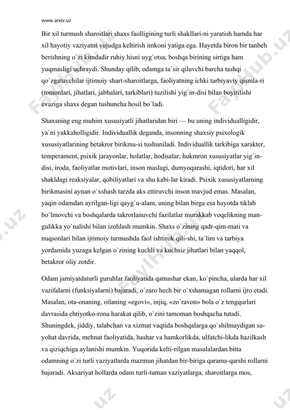 bir o`xshamagan rollarni ijro etadi. masalan, ota-onaning, oilaning «egovi», injiq, «zo`ravon» bola o`z tengqurlari davrasida ehtiyotko-rona harakat qilib, o`zini tamoman boshqacha tutadi. shuningdek, jiddiy, talabchan va xizmat vaqtida boshqalarga qo`shilmaydigan sa-yohat davrida, mehnat faoliyatida, hashar va hamkorlikda, ulfatchi-likda hazilkash va qiziqchiga aylanishi mumkin. yuqorida kelti-rilgan masalalardan bitta odamning o`zi turli vaziyatlarda mazmun jihatdan bir-biriga qarama-qarshi rollarni bajaradi. aksariyat hollarda odam turli-tuman vaziyatlarga, sharoitlarga mos, ularga mutanosib bo`lgan jihatlarni (jabhalarni) namoyon qiladi, uning oilada, xizmat vazifasida, jamoatchilik orasida, sport musobaqa-sida va shu singarilarida o`z zimmasiga olgan rollarni bir-biriga qarama-qarshi emas, balki o`zaro hamohang tarzda o`ynaydi. ana shu inson fazilatlarining, xislatlarining, sifatlarining bir-biri-ga mosligi shaxsning yaxlitligini ko`rsatuvchi alomatlardan biri bo`lib, undagi qarama-qarshilik, ziddiyat va shakllanib ulgirmagan xususiyatlarning ko`rsatkichi uningturli vaziyatlarda bajariladigan rollarning o`zaro bir-biriga zidligi yoki nomutanosibligi hisoblanadi. inson jamiyatningturli guruhlarida odamlarning o`z zimmasiga olgan vazifalari va rollari qanchalik rang-barang bo`lmasin, tur-mushdagi mavqei ko`p ma`no, ko`p qirrali xususiyatga ega bo`lishidan qat`i nazar, …