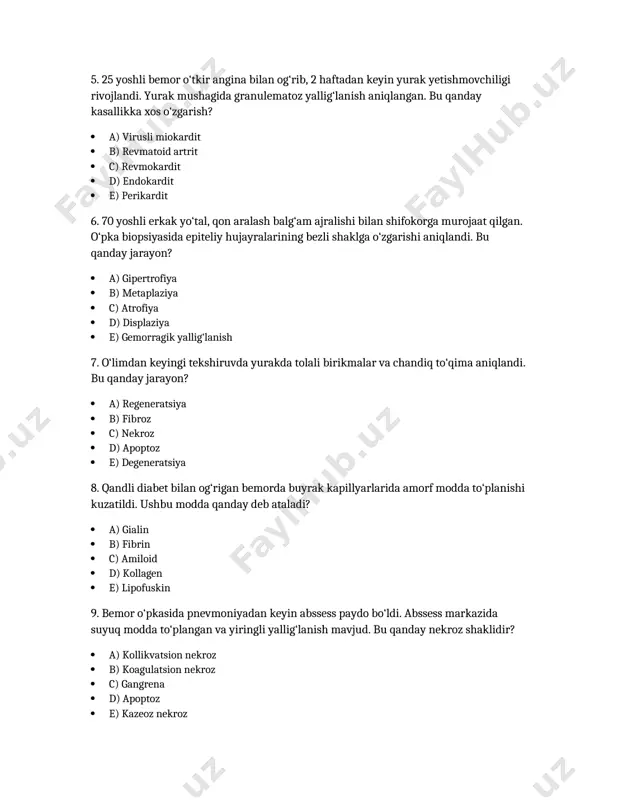 ‘planishi kuzatildi. ushbu modda qanday deb ataladi? a) gialin b) fibrin c) amiloid d) kollagen e) lipofuskin 9. bemor o‘pkasida pnevmoniyadan keyin abssess paydo bo‘ldi. abssess markazida suyuq modda to‘plangan va yiringli yallig‘lanish mavjud. bu qanday nekroz shaklidir? a) kollikvatsion nekroz b) koagulatsion nekroz c) gangrena d) apoptoz e) kazeoz nekroz 10. 50 yoshli bemorda o‘pka sohasida oq rangli, qattiq, quruq to‘qima aniqlandi. bu joyda to‘qimalar parchalanmagan, lekin hayot faoliyati yo‘qolgan. bu qanday nekrozga xos? a) apoptoz b) kazeoz nekroz c) koagulatsion nekroz d) kollikvatsion nekroz e) nam gangrena /docprops/thumbnail.jpeg