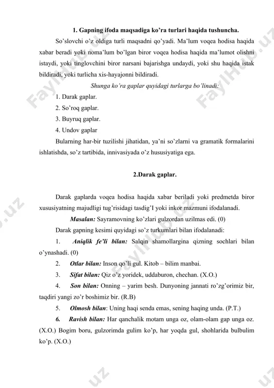 blanadi. masalan: kuz… acchiq shamol. (o). 2000 yil. mart (gazetadan). darak gap turlariga qaraganda ko’proq qo’llaniladi. bu hol darak gapning ifodalanishi xilma-xilligidan kelib chiqadi. xatto butun-butun matnlar darak gap harakterida bo’ladi. darak gap darak intonasiyasi bilan aytiladi. bunda gapning birinchi qismida ohang ko’tariladi. ikkinchi qismida esa pasayadi. masalan: biz butun mashg’ulotlarda aktiv ishtirok etamiz. darak gapning mazmun turlari. darak gaplar turli mazmunni ifodalaydi va uning har bir turning o’ziga hos intonasiyasi bor. 1. darak-habar: yo’li menga besh qo’ldek ravshan bo’ladi. (yo.sh.). quyosh g’arbga botib, bulutlar etagini istayman. (x.o.). 2. orzu-umid mazmuni ifodalangan darak gaplar sifatdoshning kelasi zamon formasi, - moqchi qo’shimchasi yordami bilan tuzilgan fellaprdan va mazmunan orzu-umidni anglatuvchi istamoq, orzu qilmoq, tilamoq kabi fe’llar bilan ifodalanadi. 3. ishonch, taqdir, g’urur: nomingga munosib, huddi quyoshdek, abadiy yashaysan, mustaqil o’zbekiston! qo’ldan berganga qush to’ymas, degan gapni bilasiz-ku! o’qituvchilar ichida eng yaxshisi bizning o’qituvchimiz – deyishdi qizlar. 4. sevinch: ha, aytmoqchi, bu …