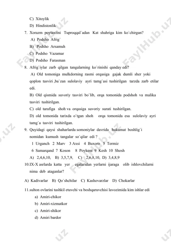 a) amiri-chikor b) amiri-xizmatkor c) amiri-shikor d) amiri bardor 12. sultonning xos kotibi, farmonlarini yozuvchi a) sarmoyador b) davlatdor c) davotdor d) qo’riqchi 13. kimlar – ularning maslahatlari va ko‘rsatmalariga davlat ishlariga amal qilingan bo‘lib, ijtimoiy hayotda bunday shaxslarning mavqei ancha ustun bo‘lgan a) imomlar va mullalar b) imomlar vaxojalar a) imomlar va sayyidlar b) imomlar va olimlar 14. qo‘shindagi 10 ming kishilik suvoriylar guruhiga qo‘mondonlik qilgan kishilar qanday unvoniga ega bo‘lar edi? a) malik b) boshliq c) sarkor d) unvondor 15. islom dini uchun kurashuvlar a) g‘oziylar b) g‘ozot qiluvchilar c) amirlar d) halifalar 1 2 3 4 5 6 7 8 9 10 11 12 13 14 15 a a a a b a c a a b a c d a a