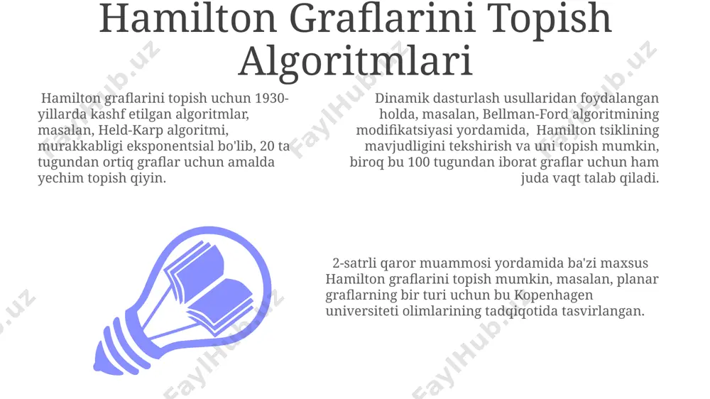 a. euler graflarining mavjudligi grafikning tuzilishiga bog'liq bo'lib, 7 ta tugun va 11 ta qirrasi bo'lgan graf euler grafi bo'lishi mumkin emas, lekin 6 tugun va 8 qirrasi bo'lgan graf bo'lishi mumkin. evler graflarini topish algoritmlari euler graflarini aniqlashda dereja tushunchasi muhim rol o'ynaydi; agar grafning barcha tugunlarining darajasi juft son bo'lsa, u holda euler sikli mavjud, masalan, 4 ta tugunli to'liq grafda 3 ta qirradan iborat euler sikli mavjud. hierholzer algoritmi, 1873-yilda karl hierholzer tomonidan ishlab chiqilgan, euler siklini topish uchun samarali yondashuv bo'lib, berlin universitetida o'zining tadqiqotlarini amalga oshirgan. euler graflarini topishda fleury algoritmi, 1883-yilda fransua fleury tomonidan taklif qilingan bo'lib, grafning har bir qirrasidan bir marta o'tishni ta'minlaydi va ko'prik qirralardan qochish strategiyasini qo'llaydi. e'tiboringiz uchun rahmat @taqdimot_robot image1.jpeg image2.jpeg image3.jpeg