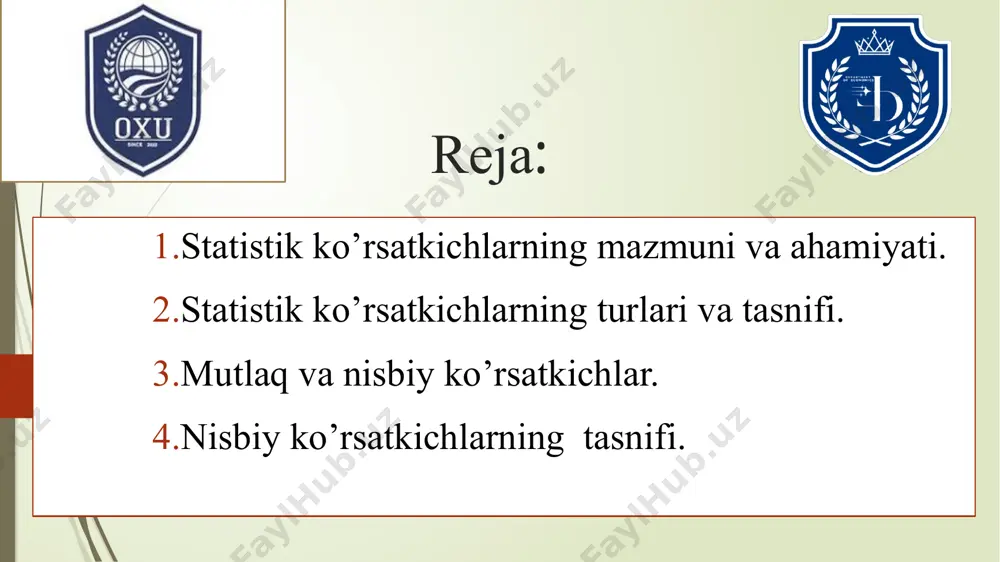 di. statistik ko‘rsatkich o‘rganilayotgan birliklar (obyektlar) to‘plami yoki guruhining xossalarini umumlashtirib tavsiflaydi. shu jihatdan u yakkama-yakka belgilardan farq qiladi. masalan, har bir kishining yashash umri - bu belgi. mamlakat yoki mintaqa aholisining o‘rtacha yashash umri statistik ko‘rsatkichdir. iqtisodiy ko‘rsatkich - bu iqtisodiy hayotda ro‘y berayotgan u yoki bu hodisa yoki jarayonning sifat-miqdoriy aniqligidir. sifat deganda hodisaning ichki qiyofasi (aniqligi) yoki uning rivojlanish qonuni bilan bevosita bog‘liq bo‘lgan mohiyati tushuniladi. sifat hodisaning turli-tuman jihatlari, xossalari, muhim belgilarining birikmasida ayon bo‘ladi. miqdor - hodisaning tashqi qiyofasi (aniqligi) bo‘lib, uning u yoki bu xossasining o‘lchami, soni, ro‘yobga chiqish darajasi shaklida ko‘rinadi. statistik ko‘rsatkich qator muhim belgilar, tarkibiy unsurlarga ega statistik ko‘rsatkichlar tizimi - bu o‘zaro bog‘langan ko‘rsatkichlar majmuasidir. statistik ko‘rsatkichlar tizimi deganda ommaviy jarayonlarni va ularning belgilarini o‘zaro bog‘lanishda aks ettiruvchi bir-biri bilan bog‘langan ko‘rsatkichlar majmuasi tushuniladi statistik ko‘rsatkichlar tizimi abadiy qotib qolgan, o‘zgarmas tushuncha emas. ommaviy hodisa va jarayonlar rivojlanishi va ilm-fan …