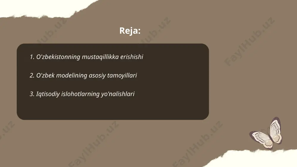 lab chiqarishni rivojlantirish, ayniqsa, sanoat va qishloq xo'jaligida. ikkinchidan, iqtisodiyotni raqamlashtirish orqali samaradorlikni oshirish. uchinchi yo'nalish – moliyaviy sektorni isloh qilish, kapital bozorlarini rivojlantirish va investitsiyalarni jalb qilish. 2023-yilda o'zbekiston yalpi ichki mahsuloti (yim) o'sish sur'ati 5,6 foizga yetishi kutilmoqda. shuningdek, kichik biznes va xususiy tadbirkorlik uchun soliq yuki 20 foizga kamaytirilishi rejalashtirilgan. ushbu yo'nalishlar mamlakat iqtisodiy salohiyatini oshirish, barqaror rivojlanish va xalq farovonligini ta'minlashga xizmat qiladi. ... t.me/slaydai_bot 4. demografik siyosat va aholi salohiyati oʻzbekiston respublikasining demografik siyosati aholining barqaror oʻsishini ta'minlashga qaratilgan. mamlakatda aholi soni 2023-yil o‘rtalarida 36 milliondan oshdi. aholi yosh tarkibi bo‘yicha: 30% - 15 yoshgacha bolalar, 60% - mehnatga layoqatli yoshdagilar (16-64 yosh), 10% - 65 yosh va undan katta. tabiiy o‘sish ko‘rsatkichi yillik 2,0% atrofida. hukumat oilani qo‘llab-quvvatlash dasturlari, mehnat migrantlarining huquqlarini himoya qilish va sog‘liqni saqlash tizimini yaxshilash orqali demografik rivojlanishni rag‘batlantirmoqda. shu bilan birga, inson resurslari salohiyatini oshirish maqsadida ta’lim va ijtimoiy …