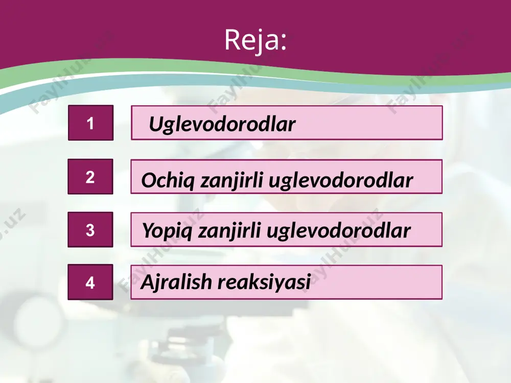 ladigan reaksiyalarga birikish reaksiyalari deyiladi. 3) bitta organik birikmaning bir necha xil molekula hosil qilib parchalanishiga ajralish reaksiyasi deyiladi. image2.jpg image3.jpeg image4.png image5.png image6.jpeg image7.jpeg image8.jpeg image9.jpeg image10.jpeg image11.png image12.png image13.png image14.jpeg image15.jpeg image16.jpeg image17.jpeg image18.jpeg image19.jpeg image20.jpeg image21.jpeg image22.jpeg image23.jpeg image1.jpg chemistry laboratory equipment, test tubes /docprops/thumbnail.jpeg