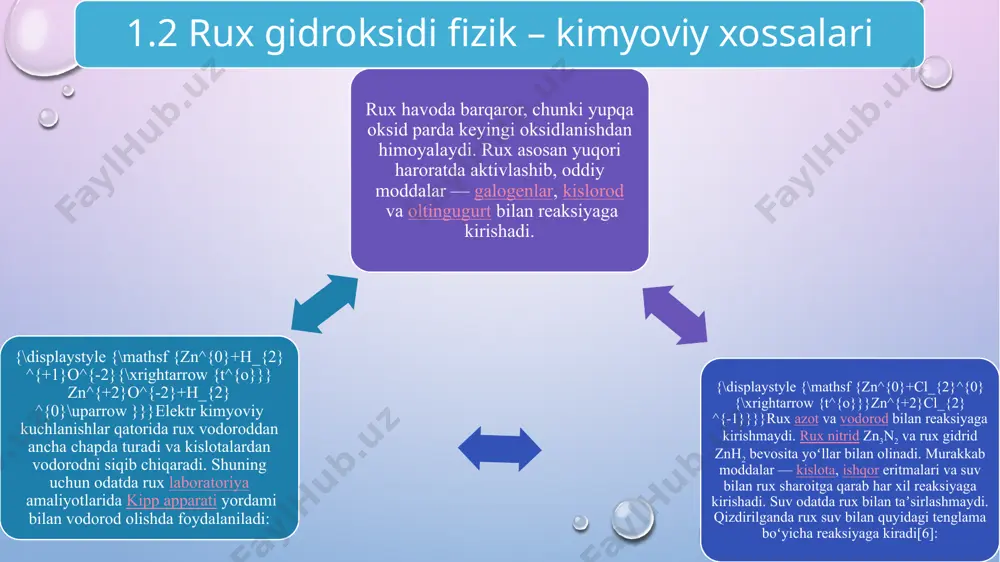 hlatilgan. lekin tarixiy adabiyotda simob haqidagi ma’lumotlar oltin,kumush,mis,qo’rg’oshin va temir haqidagi ma’lumotlardan keyin paydo bo’lgan. miloddan 300yil avval teofrast kinovar (hgs.) dan simob olishga muvaffaq bo”lgan. yatrokimyo davrida tabiblar tibbiyotga tarkibida simob bo’lgan dorilarni kiritganlar.ilm-fanda,xarbiy ishda simobning vazifasi nixoyatda muhim bo’lgan. foydalanilgan adabiyotlar ro’yati yu.t.toshpo'latov, sh.y.ishoqov. anorganik kimyo. toshkent. «o'qituvchi». 1992 y. n.a.parpiyev, h.r.rahimov, a.g.muftaxov. anorganik kimyo nazariy asoslari. toshkent. «o'zbekiston». 2000 y. k. axmerov va boshqalar. «umumiy va anorganik kimyo», toshkent, «o’qituvchi», 1988 yil. k. axmerov va boshqalar. «umumiy va anorganik kimyo», toshkent, «o’zbekiston», 2003 yil. moʻminov, ibrohim, ed (1977). "rux". oʻzbek sovet ensiklopediyasi. 9. toshkent: oʻzbek sovet ensiklopediyasi bosh redaksiyasi. 404-405 b. "rux". oʻzbekiston milliy ensiklopediyasi. toshkent: oʻzbekiston milliy ensiklopediyasi. porter, frank c. (1994). rux va rux birikmalarining korroziyiga qarshi chidamliligi (in inglizcha). crc press, 121. isbn 0-8247-9213-0. ritchie, rob (2004). kimyo, 2 (in inglizcha), letts and lonsdale, 71. isbn 1-84315-438-2. image2.png image4.jpeg image3.png image5.png image6.png image7.jpeg image1.png …