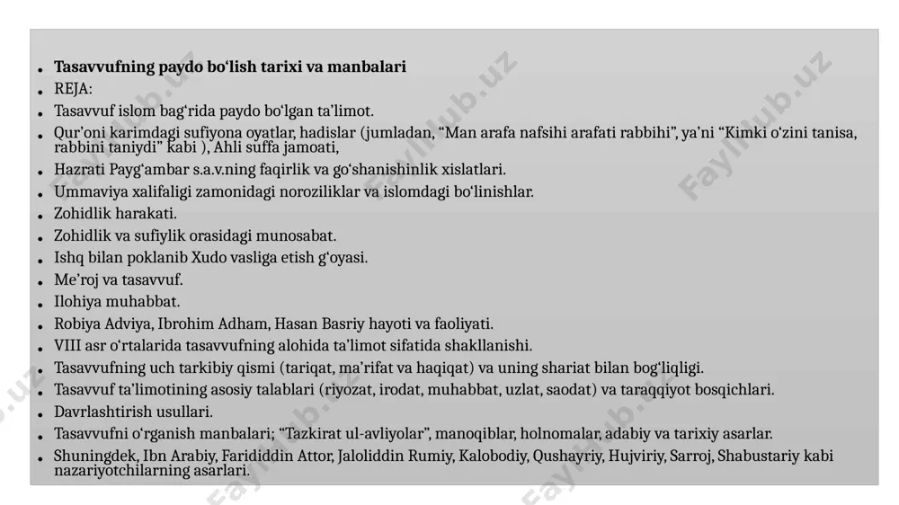 93. 9. қуръони карим. матн, таржима, шарҳ. – т.: ислом университети нашриёти, 2000. tasavvufning ilk manzillarti iroq ko’fa basra tasavvufning paydo bo‘lish o‘rni tasavvufning vatani islom deb qarashdir va tasavvuf dastlab islomiy o‘lkalarda islom dini paydo bo‘lgandan keyin vujudga kelgan ta’limotdir deb qarash. tasavvufning vatani arabda emas, ajamda, ya’ni arab istilosiga qadar musulmon bo‘lmagan o‘lkalarda islom diniga ochiq qarshilik qilishga botinmay, tasavvuf orqali o‘z noroziliklarini ifodalashdir islom tasavvufining vujudga kelishi hijriy ii asrga (milodiy xi asr) to‘g‘ri kelgan bo‘lsa ham, bu vaqtga qadar islomning tarqalishi munosabati bilan tasavvufga munosabat ham shakllana bordi. ayniqsa, saodat va ulamoyi roshidin davridan keyin ummaviylar davrida nafaqat jismoniy kurashlar, balki qarashlar o‘rtasidagi ziddiyatlar ham keskinlashdi. bu davrdan xalifalik diniy va ta’limiy xarakterda emas, balki nasliy sulola tarzida taraqqiy eta bordi. hijriy ii asrdan boshlab so‘fiylikka asos bo‘lgan zohidlik harakati kuchaydi. zohidlar mazhab ayirmalaridan o‘zlarini yiroq tutdilar. chunki mazhabchilikda siyosiy da’vo (xalifalik) manfaati bor edi. so‘fiylar …