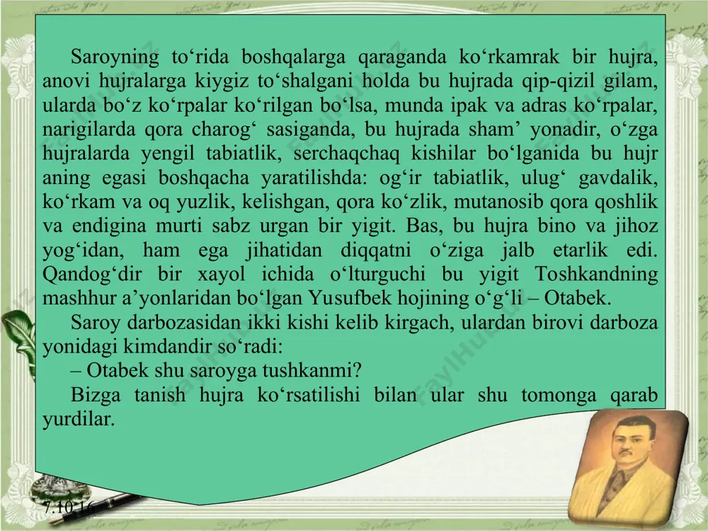 yumushingiz yo‘qmi? – nima yumushim bo‘lsin, sham’ni ham olib keting. 7.10.16 hasanali sham’ni olib, o‘z hujrasiga chiqdi. uning hujrasi otabekning bilan bir qatorda bo‘lib, gazmol, poyabzal va shuning singari mollar ila to‘lgan va otabekdan boshqa, alohida hujrada turishi ham shu mollarni saqlab yotish uchun edi. hasanali o‘rnini yozar ekan «tavba» deb qo‘ydi. yuqorida so‘zlanganidek, otabekdagi bu holatni biror haftalardan beri payqasa ham, hozirgidek andishaga tushmagan va bunchalik diqqat etmagan edi. xo‘jazodasidagi bu holat uni har turlik mulohazalarga olib keta boshladi. to‘shagi ustiga o‘lturib, oq soqolini o‘ng qo‘li bilan tutamlab o‘ylar edi: savdo to‘g‘risida biror xato qildimi, ziyo shohichinikida taomdan tuzukroq totinmadi, biror og‘rig‘i bormikan... musofirchiliqda og‘risa... ammo bu mulohazalarining bittasiga ham o‘zi qanoatlanmadi. 7.10.16 zero, savdo to‘g‘rilari undan yashirin emas, og‘riganda ham, albatta, shikoyat eshitar edi. o‘ylab-o‘ylab bir narsaga ham aqli yetalmagach, o‘rnidan turib toqchada yonib turgan sham’ni o‘chirdi. hujra orqa-o‘ngni ajratib bo‘lmaslik ravishda qorong‘ilandi. qorong‘ida turtinib hujra eshigiga keldida, …