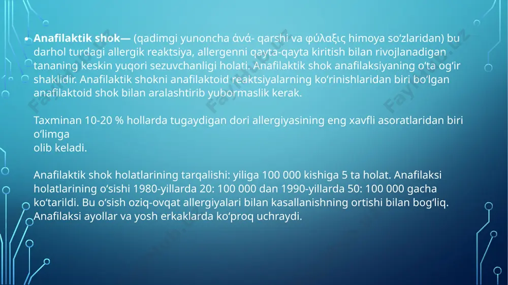 lgilari paydo boʻlsa, tomir ichiga 10-20 ml 0,9 % natriy xlorid eritmasida 0,3 ml 0,1 % adrenalin (epinefrin) eritmasini yuborish tavsiya etiladi; prednizon 1-5 mg/kg iv yoki im. oʻtkir nafas yetishmovchiligi kuchaygan taqdirda, bemorni darhol intubatsiya qilish kerak. traxeyani entübasyon qilish mumkin boʻlmasa, konikotomiya, trakeostomiya qilingyoki traxeyani 6 ta keng teshikli igna bilan teshib qoʻying. adrenalinni kiritish qisqa vaqt ichida (bir necha daqiqa) 1-2 ml 0,1 % eritmaning umumiy umumiy dozasigacha takrorlanishi mumkin, ammo har qanday holatda epinefrinni fraksiyonel qismlarda yuborish kerak. kelajakda adrenalin qon bosimi, yurak urishi tezligi, dozani oshirib yuborish belgilariga (tremor, taxikardiya, mushaklarning burishishi) eʼtibor qaratib, uning qisqa yarim umrini hisobga olgan holda, kerak boʻlganda yuboriladi. adrenalinning haddan tashqari dozasiga yoʻl qoʻymaslik kerak, chunki uning metabolitlari anafilaktik shok kursini yomonlashtirishi va adrenergik retseptorlarni blokirovka qilishi mumkin. adrenalinni glyukokortikoidlar bilan kuzatib borish kerak. shu bilan birga, siz bilishingiz kerakki, anafilaktik shokni toʻxtatish uchun zarur boʻlgan glyukokortikoidlarning dozalari fiziologik …