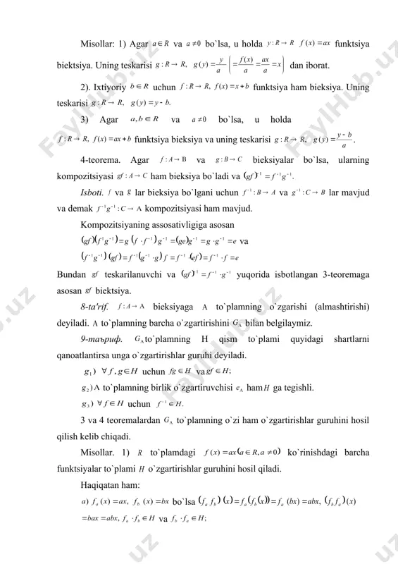 i ham o`zgartirishlar guruhini hosil qilish kеlib chiqadi. misollar. 1) to`plamdagi ko`rinishdagi barcha funktsiyalar to`plami o`zgartirishlar guruhini hosil qiladi. haqiqatan ham: bo`lsa va dеmak 2). to`plamdagi ko`rinishdagi barcha funktsiyalardan iborat to`plam p ham o`zgartirishlar guruhini hosil qiladi. а) bo`lsa, embed equation.3 va ya'ni va va . в) ; с) dеmak shunday qilib p o`zgartirishlar guruhi bo`ladi. _1232174331.unknown _1232176049.unknown _1232177443.unknown _1232178090.unknown _1232178485.unknown _1232178721.unknown _1232178894.unknown _1232179082.unknown _1232967310.unknown _1232179109.unknown _1232179142.unknown _1232179057.unknown _1232179059.unknown _1232179056.unknown _1232178876.unknown _1232178882.unknown _1232178856.unknown _1232178538.unknown _1232178551.unknown _1232178513.unknown _1232178316.unknown _1232178376.unknown _1232178435.unknown _1232178324.unknown _1232178149.unknown _1232178180.unknown _1232178105.unknown _1232177871.unknown _1232177982.unknown _1232177995.unknown _1232178020.unknown _1232177984.unknown _1232177921.unknown _1232177981.unknown _1232177905.unknown _1232177622.unknown _1232177676.unknown _1232177691.unknown _1232177640.unknown _1232177554.unknown _1232177606.unknown _1232177541.unknown _1232176937.unknown _1232177171.unknown _1232177261.unknown _1232177306.unknown _1232177362.unknown _1232177279.unknown _1232177240.unknown _1232177247.unknown _1232177207.unknown _1232177051.unknown _1232177100.unknown _1232177147.unknown _1232177068.unknown _1232177012.unknown _1232177028.unknown _1232176991.unknown _1232176680.unknown _1232176787.unknown _1232176903.unknown _1232176924.unknown _1232176803.unknown _1232176757.unknown _1232176770.unknown _1232176723.unknown _1232176366.unknown _1232176633.unknown _1232176660.unknown _1232176467.unknown _1232176258.unknown _1232176283.unknown _1232176221.unknown _1232175071.unknown _1232175417.unknown _1232175813.unknown _1232175915.unknown _1232176000.unknown _1232176024.unknown _12