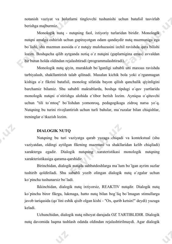 liy va nazariy faoliyatni rejalashtirish fazasida vosita sifatida nomoyon bo`ladi. agar biz biron-bir qiyin masalani echayotgan bo`lsak uni o`z-o`zimiz bilan maslahat (muhokama) qilib olamiz. tabiyki ichki nutq chala-yarim, uzuq-yuluq - ya`ni fragmentar xarakterga ega bo`ladi. sababi biz o`z fikrimizni, nima haqida o`ylab nima haqida "gapirayotganimizni" o`zimiz juda yaxshi tushunamiz. ikkinchi tomondan, ichki nutqda biron vaziyatni idrok qilish paytida anglashilmovchilik bo`lmaydi. ichki nutq xaddan tashqari sharoitga bog`liqdir. ichki nutqni artikulyatsiya a`zolarining harakatlarini (lablar, tilning harakatlari) qayd qilish yo`li bilan tekshirish mumkin. ammo bu holda ichki nutqning mantikiy jihatdan oxirigacha olib boilmaydigan, real ovoz chiqarishgacha etkazilmaydigan talaffuz qilish harakatlarigina o`rganiladi. yozma nutq yozma nutq monologik nutqka juda yaqin turadi. shu sababli ba`zi qo`llanmalarda uni monologik nutqning turi ham deb ko`rsatishadi. monologik nutqning barcha xususiyatlari yozma nutqqa ham xosdir. yozma nutq ogzaki monologik nutqka nisbatan birmuncha batafsilrokdir. chunki yozma nutq jarayonida suhbatdoshdan keluvchi teskari aloqaning bo`lmasligi. bizdan suhbatdoshimiz biror narsani so`ray olmaydi, tushungan …