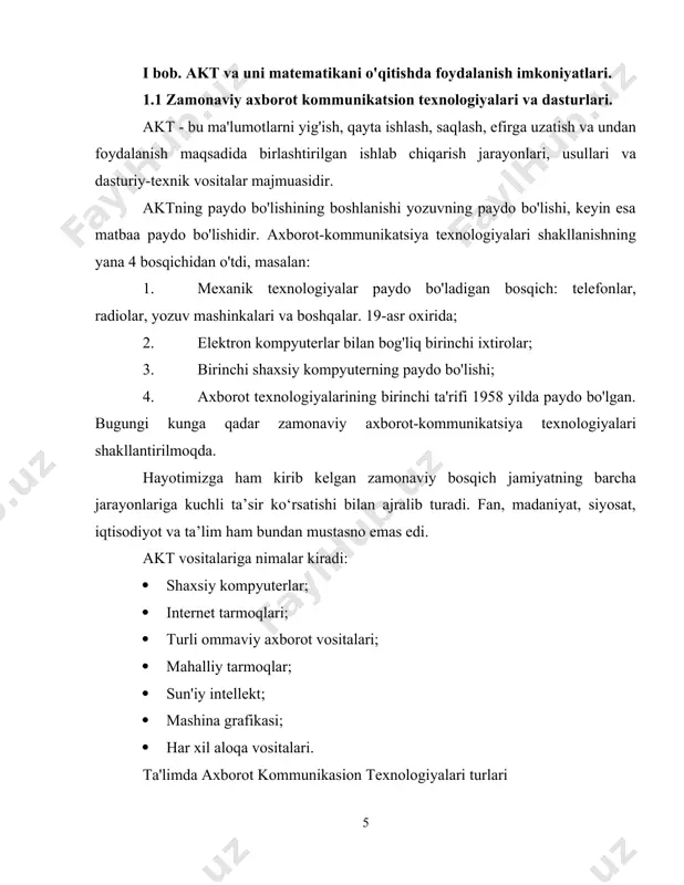 iqqan holda akt ta’limini moslashtirish jarayonini o‘tkazish; · ta'lim jarayonini uzluksiz va izchil qilish; · aktga asoslangan masofaviy ta’lim usullari va vositalarini ishlab chiqish va joriy etish zarur; · ta'lim jarayonini yanada mukammal va zamonaviy voqelikka moslashtirish; · zamonaviy ta'limning dolzarbligi va jamiyat va davlat talablariga muvofiqligini oshirish. axborot-kommunikatsiya texnologiyalari har qanday jarayonlarni, xoh u kompaniya ichidagi, xoh ta'lim, xoh siyosiy jarayonlarni tashkil etishda katta rol o'ynaydi. ular hayotimizning barcha sohalariga ta'sir qilish uchun ishlatilishi mumkin. keling, aktning afzalliklarini ko'rib chiqaylik: · akt yordamida jarayon ob'ektlari o'rtasidagi tezkor aloqa; · katta hajmdagi ma'lumotlarni saqlash qobiliyati; · ma'lumotni tezkor uzatish; · ma'lumotni avtomatik ravishda qidirish imkoniyati; · axborotni qayta ishlashni avtomatlashtirish; · o'zaro aloqaning yangi formatlarini yaratish; · natijalarni tahlil qilish va prognoz qilish; · rivojlanishni rag'batlantirish. ko'rib turganimizdek, zamonaviy ta'lim jarayonini aktsiz amalga oshirib bo'lmaydi, bu esa ushbu sohaga jarayonlarni avtomatlashtirish bilan bog'liq ko'plab afzalliklarni, shuningdek, har qanday ma'lumotni vizual …