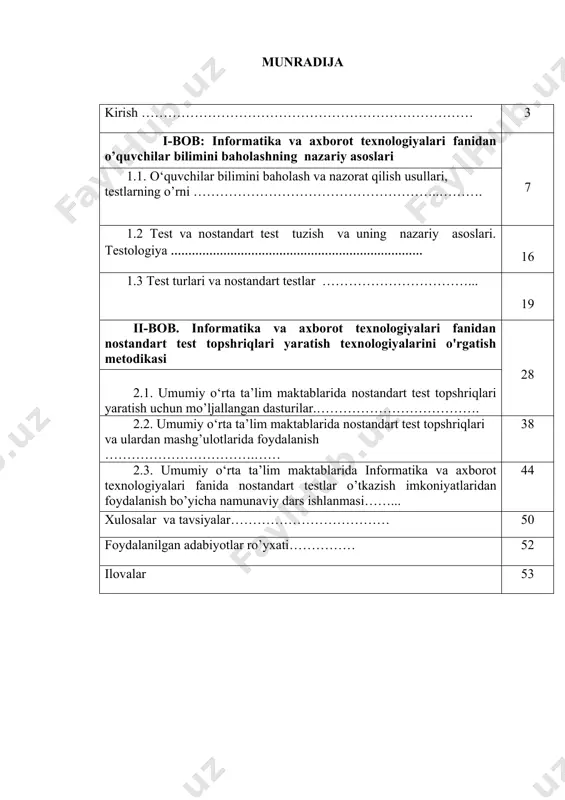 i orqali o’quvchilarni elektron baholash, natijalarni ochiq online tizimi orqali ota-onalar ko’rib borishlari ham misol bo’la oladi. bu o’qituvchi va ota-onalar uchun raqamlashtirilgan online tizimi farzandlarimizni nazorat qilib borish imkoniyatini beradi. darslarda o’quvchilarni qiziqishlaridan foydalangan holda texnologiya vositalardan internet xizmatlari va ularning imkoniyatlarini o’quv jarayonlarida yoki internet tarmoqlarida keng tushuntirish va yoritib borish orqali internetdan maqsadli va samarali foydalanishga erishish mumkin. internet xizmatlari yoki bulutli texnologiyalar hozirgi kunda katta ma’lumotlar bazasi (big data) dan maqsadli foydalanish, frelanserlik ya’ni bulutli xizmatlar finansii, tarjimon, bologger, formi (test va so’rovnoma) va boshqa ko’plab xizmatlarni o’rgatish va ulardan kasbiy faoliyatga oid topshriqlar, vazifalar berish orqali etuk mutaxassislarni yetkazish imkoniyatiga ega bo’lamiz. yuqoridagi fikrlarga asosan ushbu informatika va axborot texnologiyalari fanidan nostandart test topshriqlari yaratish o’qitish metodikasini ishlab chiqish ushbu mavzuning dolzarbligini bilgilaydi. bitiruv ishining maqsadi. umumiy o‘rta ta’lim maktablari informatika va axborot texnologiyalari fanidan nostandart test topshriqlari yaratish texnologiyalarini ishlab chiqish va tasviyalar berish. …
