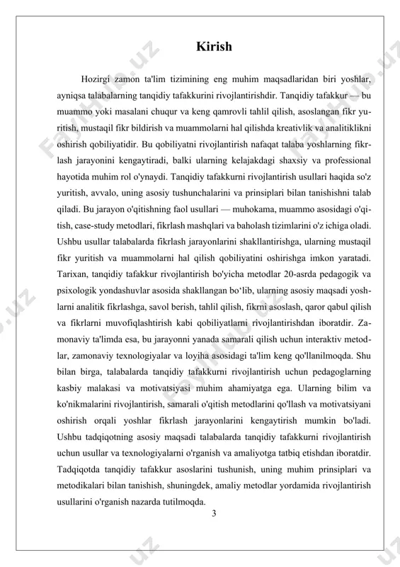 ni muvofiqlashtirish esa, turli fikrlar va nuqtai nazarlarni birlashtirish orqali muammoni hal qilishda muhim ahamiyat kasb etadi. tanqidiy tafakkurni rivojlantirish uchun asosiy prinsiplarga e'tibor qaratish lozim. birinchisi, faol fikrlashni rag‘batlantirishdir. bu esa muhokama, muammo asosidagi o‘qitish va case-study metodlari yordamida amalga oshiriladi. ikkinchisi, talabalarning mustaqil fikrlashini rivojlantirish uchun ularga keng imkoniyatlar yaratishdir. bu uchun, fikr yuritishda erkinlik, fikrlarni muhokama qilish va baham ko‘rish muhitini shakllantirish zarur. uchinchisi, fikrlash jarayonlarini tizimli ravishda rivojlantirish uchun, o‘qituvchilar tomonidan tahliliy mashqlar, savol-javoblar va muhokama formatlaridan foydalanish muhimdir. to‘rtinchisi, texnologiyalar va zamonaviy pedagogik usullarni joriy etish orqali fikrlash jarayonlarini qiziqarli va samarali qilish mumkin. rivojlanish usullari bo‘yicha, tanqidiy tafakkurni rivojlantirishda muhim rol o‘ynovchi metodlardan biri — amaliy usullardir. masalan, murojat qilish, muammo asosidagi o‘qitish va case-study metodlari yordamida talabalarning fikrlash qobiliyatlari kengayadi. shuningdek, interaktiv metodlar, texnologiyalar va loyiha asosidagi ta’lim talabalarga muammolarga kreativ yondashish va mustaqil fikrlashni rivojlantirish imkonini beradi. masalan, onlayn platformalar va ta’lim …