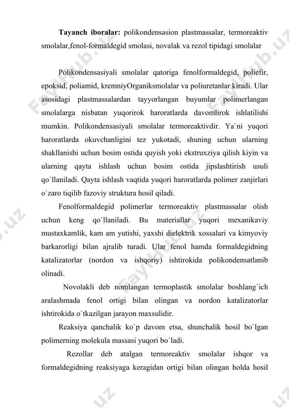 lanish bosqichli jarayondir va uning xoxlagan bosqichida to`xtatish mumkin. fenolformaldegid turli ko`rinishda qo`llaniladi. masalan, tuldiruvchisizlari qatlamli plastiklar olishda bog`lovchi, metal va yog`ochlarni koplash uchun elim va loklar, pufakli polimerlar sifatida qo`llaniladi. uzluksiz jarayonni amalga oshirish uchun bir necha bo`limdan iborat bo`lgan reaktor qo`llaniladi. hamma bo`limlardagi moddalar atmosfera bosimi, 96-980s haroratda kuchli aralashtirgich yordamida aralashtirilib bir-biriga o`tib turadi. sintetik polimerlar soni juda ko`p, ishlab chiqarish texnologiyalari ichida eng soddadan murakkablargacha turlicha. lekin biz yuqorida keltirilganlar bilan kifoyalanamiz va tabiiy polimerlarni ishlab chiqarishga utamiz. sellyulozani ishlab chiqarish. yuqoridan ma`lum bo`ldiki sellyuloza tabiatda eng ko`p tarkalgan tabiiy polimer. daraxt va o`simliklarning ogirligining 60% i sellyulozadan iborat. paxta tolasi esa deyarli 98-99% ga sellyulozadan iborat. sellyulozaning brunto-formulasi (c6h7o2(oh)3). ko`rinib turibdiki u sizga tanish bo`lgan kraxmalning formulasiga uxshash sellyulozaning kraxmalga nisbatan molekula massasi yuqoriroq va 2500-3000, ba`zan 4000 gacha boradi. kraxmalniki esa 600-300dir. undan tashqari sellyuloza makromolekulasi β-glyukoza zvenolaridan tuzilgan, kraxmal esa α-glyukozadan. glyukozaning bu …