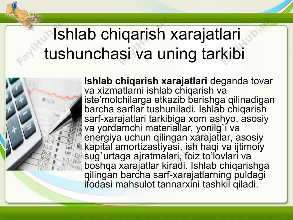 larda foydalanish imkoniyatini cheklab qo’yadi. shunga ko’ra, tadbirkor (yoki resurs egasi) mazkur resursni eng yuqori darajada naf keltiruvchi yo’nalishga sarflashga harakat qiladi. iqtisodiy resurslarni eng yuqori naf olish maqsadida boshqa muqobil yo’nalishlarda ishlatilishiga yo’l qo’ymay o’ziga jalb etish uchun to’lov iqtisodiy yoki zimmasiga tushuvchi xarajat deb ataladi. ishlab chiqarish hajmining o’zgarishiga ta’siriga qarab xarajatlarni turkumlash. ishlab chiqarish hajmining o’zgarishiga (qisqarishi yoki ortishiga) ta’sir qilmaydigan xarajatlar doimiy xarajatlar deyiladi. doimiy xarajatlar (fc) ishlab chiqarish hajmining o’sishiga bevosita ta’sir etmaydi va ishlab chiqarishning har qanday, hatto nolinchi hajmida ham mavjud bo’ladi. bunga korxonaning to’lov majburiyatlari (zayomlar bo’yicha foiz va boshqa), soliqlar (ishlab chiqarish hajmiga bog`liq bo’lmagan turlari), amortizastiya ajratmalari, ijara haqi, qo’riqlash xizmatiga to’lov, uskunalarga xizmat ko’rsatish sarflari, boshqaruv xodimlari maoshi va shu kabilar kiradi. o’zgaruvchi xarajatlar (vc) deb ishlab chiqarish hajmining o’zgarishiga ta’sir qiladigan xarajatlarga aytiladi. unga xom ashyo, material, yonilg`i-transport xizmati, ishchilar ish haqi va shu kabilarga qilinadigan sarflar kiradi. …