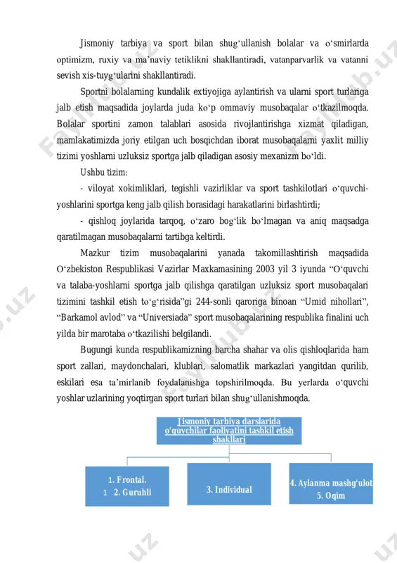 ga jalb qiladigan asosiy mexanizm boʻldi. ushbu tizim: - viloyat xokimliklari, tegishli vazirliklar va sport tashkilotlari oʻquvchi- yoshlarini sportga keng jalb qilish borasidagi harakatlarini birlashtirdi; - qishloq joylarida tarqoq, oʻzaro bogʻlik boʻlmagan va aniq maqsadga qaratilmagan musobaqalarni tartibga keltirdi. mazkur tizim musobaqalarini yanada takomillashtirish maqsadida oʻzbekiston respublikasi vazirlar maxkamasining 2003 yil 3 iyunda “oʻquvchi va talaba-yoshlarni sportga jalb qilishga qaratilgan uzluksiz sport musobaqalari tizimini tashkil etish toʻgʻrisida”gi 244-sonli qaroriga binoan “umid nihollari”, “barkamol avlod” va “universiada” sport musobaqalarining respublika finalini uch yilda bir marotaba oʻtkazilishi belgilandi. bugungi kunda respublikamizning barcha shahar va olis qishloqlarida ham sport zallari, maydonchalari, klublari, salomatlik markazlari yangitdan qurilib, eskilari esa ta’mirlanib foydalanishga topshirilmoqda. bu yerlarda oʻquvchi yoshlar uzlarining yoqtirgan sport turlari bilan shugʻullanishmoqda. jismoniy tarbiya darslarida o'quvchilar faoliyatini tashkil etish shakllari 1. frontal. 1 2. guruhli 3. individual 4. aylanma mashg'ulot 5. oqim darsda oʻquvchilar faoliyatini tashkil qilish usullari deganda oʻqituvchi rejasiga muvofiq oʻquvchi mashqlarni …