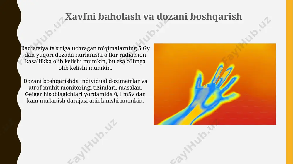 a dozasi 100 mgy dan oshmasa, ehtimol minimal salbiy ta'sirlarga ega bo'ladi, ammo bu dozani aniqlash uchun individual o'lchovlar kerak. biologik to'qimalarning nurlanishga sezuvchanligi yuqori darajada proliferativ faollikka ega bo'lgan to'qimalar, masalan, ilik va ichak shilliq qavati, past proliferativ faollikka ega to'qimalarga nisbatan 10 baravar ko'proq nurlanishga sezgir. nurlanishning biologik ta'siri to'qimaning kislorodlanish darajasiga bog'liq; gipoksik sharoitlarda to'qimalarning nurlanishga chidamliligi 2-3 baravar ortadi. nurlanishning inson tanasiga ta'siri nurlanishning yuqori energiyali zarralari, masalan, 10 mev protonlar, inson tanasida chuqurroq kirib boradi va ionizatsiya zichligi yuqori bo'lgan hududni hosil qiladi, bu esa to'qimalarga zarar yetkazish xavfini oshiradi. 1 gy dozasi gamma-nurlanish bilan taqqoslaganda, neytron nurlanishi inson tanasida 5-10 marta ko'proq biologik ta'sir ko'rsatadi, chunki uning yuqori lineer energiya o'tkazuvchanligi (let) bor. kompyuter simulyatsiyasi va modellari dozimetrik kattaliklarni, jumladan, o'rtacha yutilgan dozani (gy) va ekvivalent dozani (sv) hisoblash uchun kompyuter modellari xususan, fantom geometriyasi va material xususiyatlarini aniq hisobga oladi. kompyuter simulyatsiyasi monte-karlo …