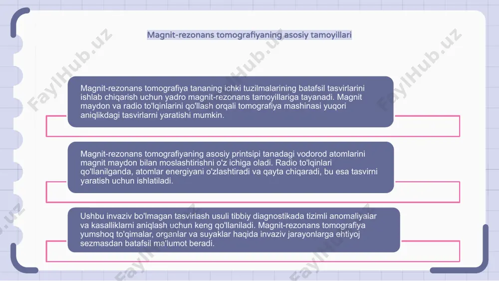 tafsil tasvirlarini yaratish uchun yadro magnit-rezonans tamoyillariga asoslanadi. t1 weighted va t2 weighted kabi har xil turdagi mr tasvirlari turli darajadagi kontrast va ma'lumot beradi. t1 og'irlangan tasvirlar anatomiya va yuqori yog'li tuzilmalarni ta'kidlash uchun foydalidir, t2 og'irlangan tasvirlar suyuqlik bilan to'ldirilgan joylar va jarohatlarni ta'kidlashda yaxshiroq. ushbu turli xil tasvir turlarini tushunish aniq tashxis va davolashni rejalashtirish uchun juda muhimdir. magnit-rezonans tomografiyaning tuzilishi va ishlashi tanadagi vodorod atomlarining hizalanishini manipulyatsiya qilish uchun kuchli magnit maydonlar va radiochastota impulslaridan foydalanishni o'z ichiga oladi. ushbu texnologiya tibbiy tasvirni inqilob qildi va ichki organlar va to'qimalarni invaziv bo'lmagan va batafsil vizualizatsiya qilish imkonini beradi. mri tasvirlashda kontrastli vositalar magnit-rezonans tomografiya ichki tana tuzilmalarining batafsil tasvirlarini yaratish uchun yadro magnit-rezonans printsipiga tayanadi. kontrastli vositalar mrini ko'rish paytida ma'lum to'qimalar yoki organlarning ko'rinishini yaxshilashda muhim rol o'ynaydi, ma'lum bir qiziqish sohalarini ta'kidlaydi. ushbu agentlar maqsadli to'qimalarning magnit xususiyatlarini o'zgartirish orqali ishlaydi, bu esa aniq …