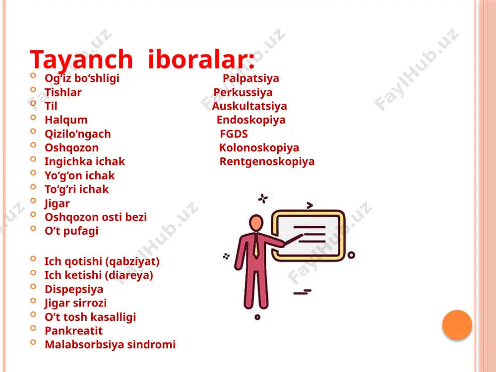 og’rig’i kuzatilsa, axlatda qon yoki yiring bo’lsa shifokorga xabar berish qabziyat (ich qotishi) qabziyat bu ichaklar harakatining qiyinlashishi bo’lib, haftasiga 3 martadan kamroq ich kelishi bilan namoyon bo’ladi. sabablari: noto‘g‘ri ovqatlanish – yetarlicha tolali mahsulotlar (sabzavot, meva, don mahsulotlari) iste’mol qilmaslik. suv yetishmovchiligi – organizmda yetarli miqdorda suyuqlik bo‘lmasa, najas qattiqlashadi. harakatsizlik – kam harakat qilish yoki uzoq vaqt yotish (masalan, operatsiyadan keyin) ichak peristaltikasini sustlashtiradi. stress va ruhiy bosim – asabiylik ichaklarning ishlashiga ta’sir qiladi. qabziyat turlari 1. funktsional (oddiy) qabziyat bu holat noto‘g‘ri ovqatlanish, kam harakatlilik yoki suyuqlik yetishmovchiligi natijasida yuzaga keladi. 2. spastik qabziyat bu tur asabiy zo‘riqish, stress yoki ichaklarning haddan tashqari spazmga uchrashi natijasida yuzaga keladi. ich kelganda og‘riq bo‘lishi va najas qattiq bo‘lishi mumkin 3. atonik qabziyat ichak mushaklari zaiflashishi natijasida paydo bo‘ladi. odatda, harakatsiz turmush tarziga ega odamlar yoki uzoq vaqt yotgan bemorlarda uchraydi. 4. ikkilamchi (simptomatik) qabziyat bu tur ichak kasalliklari yoki …