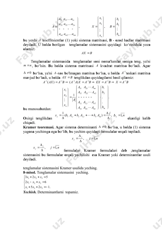 n (x;y) haqiqiy sonlar jufti bilan aniqlanadi.shuning uchun kompleks son tekislikdagi m(x;y) nuqta yoki uning radius - vektori bilan ifodalanadi. y y m(x,y) r o x x a bu vektorning uzunligi kompleks sonning moduli,bu vector bilan ox o’q orasidagi - burchak kompleks sonning argumenti deyiladi. bo’lgani uchun boladi va bu ifodaga kompleks sonning trigonometrik ko’rinishi deyiladi. trigonometrik ko’rinishidagi kompleks sonlarni ko’paytirish va bo’lish. berilgan bo’lsa, u holda muavr formulalari agar bolsa , u holda munosabatni hosil qilamiz. bu formulaning r = 1 bo’lgandagi ko’rinishiga muavr formulasi deyiladi: xuddi shu kabi kompleks sondan ildiz chiqarish bu yerda k=0,1,2,…,n-1. - eyler formulasi deyiladi. masalan.z = -2+2i . a) yechish. a) b) algebraning asosiy teoremasi kompleks sonlar maydonidagi n- darajali ko’phad bo’lsin. ta’rif . agar x ning son qiymatida ko’phad nolga aylansa, u holda soni ko’phadning ildizi deyiladi. demak, son ko’phadning ildizi bo’lsa bo’ladi. teorema(bezu teoremasi). ko’phadni ga bo’lgandagi qoldig’i ga teng. teorema. …