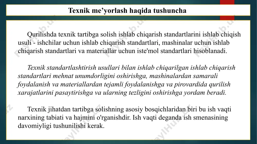 g vaqt normalarini va ularning elementlarini jihozlarning ishlashi (tezlik va boshqalar) o'rtasidagi munosabatni o'rnatadigan tegishli formulalar bo'yicha aniqlash. texnik hisob-kitob uskunaning pasportidagi ma'lumotlarga asoslanadi. texnik me’yorlashning hisob analitik usuli analitik standartlashtirish usulining metodologik asosi - bu ishlab chiqarish jarayonini har tomonlama kompleks tahlil qilish, mehnat natijalari samaradorligi va sifatiga erishishga hissa qo'shadigan barcha ishlab chiqarish qobiliyatlari va ilg'or mehnat usullarini hisobga olish maqsadida tarkibiy qismlarga bo'lishdir. analitik standartlashtirish usuli sizga texnik jihatdan to'g'ri vaqt standartlarini o'rnatishga imkon beradi. uni qo'llash usuli ishlab chiqarish turiga bog'liq, masalan, yakka va kichik ishlab chiqarishda ishlab chiqarishning batafsil texnologik va operatsion xaritalarini, ishlab chiqarishni batafsil texnologik tayyorlashni va boshqalarni talab qiladigan tabaqalashtirilgan standartlar asosida vaqt me'yorlarini aniqlash iqtisodiy jihatdan maqsadga muvofiq emas. texnik me’yorlashning hisob analitik usuli standartlashtirishning asosiy usuli analitik hisoblanadi. tahlil usuli mehnat me'yorlarini o'rganish va mehnat jarayonini alohida elementlarga bo'lish asosida tashkil etish, ularni vaqtni o'lchash bilan har tomonlama o'rganish, me'yoriy …