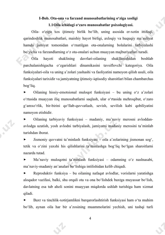 uhabbati har xil ko‘rinishda bo‘ladi. ota-ona tomonidan emotsional aloqa ota-ona (roditelskoy lyubvi) muhabbati, ya’ni onalik muhabbati mehri, otalik muhabbati ko‘rinishida, bola tomonidan esa avval bog‘lanish ko‘rinishda, so‘ng o‘g‘il yoki qiz (farzandlik) muhabbati ko‘rinishida namoyon bo‘ladi. ota-onaning bolaga bo‘lgan muhabbati o‘zini tarixiga ega. xviii asrgacha “roditelskaya lyubov” alohida xislat sifatida ko‘rilmagan. ota-ona munosabatlari jamiyat tomonidan o‘rnatilgan ijtimoiy-madaniy talablar ko‘rinishida bu tarbiya, bolani ruhiy va jismoniy sog‘lomligi, bolani nazorat qilish va jazolash ko‘rinishida namoyon bo‘lgan. buning sababi tug‘ilish va bolalarni o‘limining yuqori bo‘lmaganligidadir. o‘rta asrlarda 5 yoshgacha bo‘lgan bola orasidagi o‘lim 30%ni tashkil etgan yevropada. bolalar ko‘p bo‘lganligi uchun ota-onalar har bitta bolaga alohida mehr bera olishmagan faqat xviii asrdan boshlab yevropada onalik mehri majburiy xislat deb tan olingan. ota-onaning bolaga bo‘lgan emotsional munosabati quyidagi variantlarga bo‘linadi: 1. shartsiz emotsional qabul qilish-hech narsaga qaramay farzandni yaxshi ko‘rish; 2. shartli emotsional qabul qilish- bolani xulq-atvori, yutuqlariga qarab yaxshi ko‘rish; 3. ambivalent emotsional munosabat …