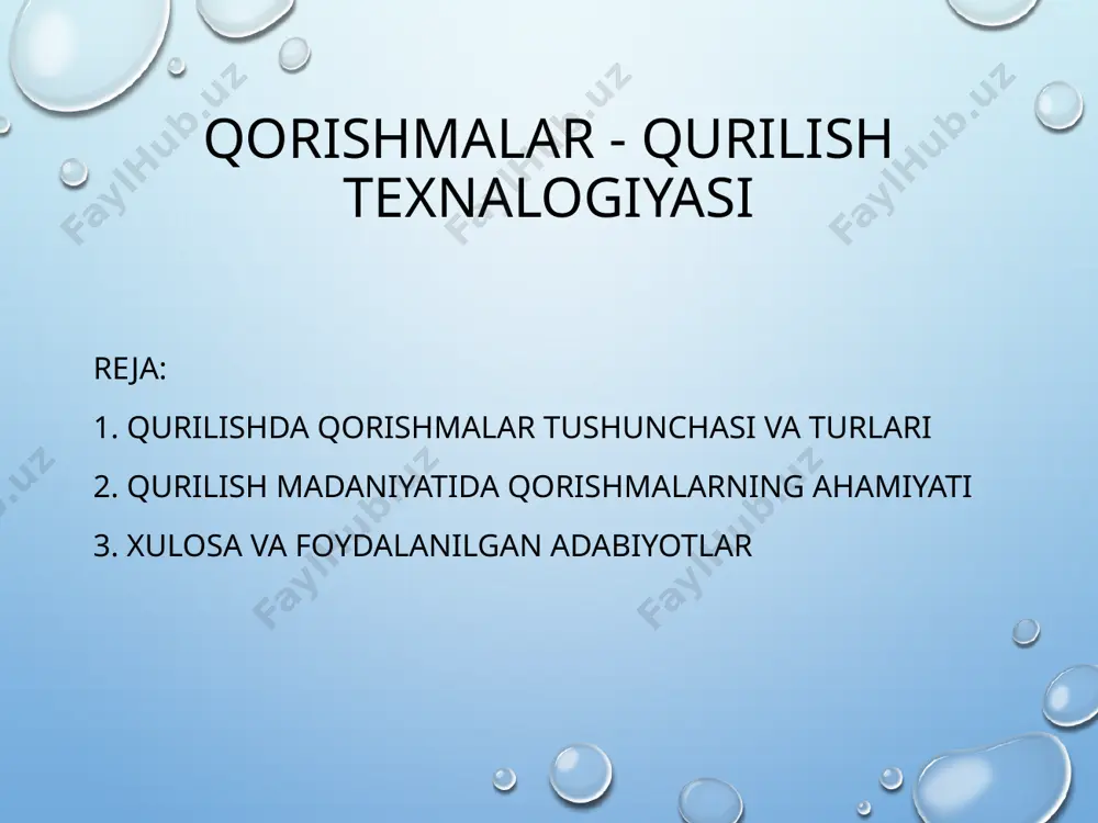 lanadi. • ular qurilish sifatini oshiradi, iqtisodiy samaradorlikni ta’minlaydi. • innovatsion qorishmalar esa kelajak qurilish texnologiyalarining asosiy yo‘nalishidir. foydalanilgan adabiyotlar 1. karimov a., qurilish materiallari va qorishmalar, toshkent: o‘quv qo‘llanma, 2019. 2. xolmurodov sh., qurilish texnologiyasi, toshkent: fan nashriyoti, 2021. 3. гост 28013-98 - qurilish qorishmalariga qo‘yiladigan talablar. 4. neville a.m., properties of concrete, pearson education, 2011. 5. mindess s., young j.f., darwin d., concrete, prentice hall, 2003. 6. o‘zbekiston respublikasi qurilish normalari va qoidalari (qmq). image2.png image3.png image4.jpeg image5.jpeg image1.png /docprops/thumbnail.jpeg