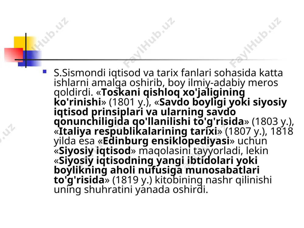 salalarning xal etilini» nomli yangi asarida olim har qanday inqilobiy chiqishlarni keskin qoralaydi. xalq banklari konsepsiyasini e'lon qilib xalqni ijtimoiy islohotlarga chorlaydi. p.prudon siyosiy iqtisodni «aql-zakovatning abadiy qonunlari» to'g'risidagi fan deb biladi. p.prudon va s.sismondi nazariy qarashlarida biz juda yaqinlik va o'xshashlik hollarini uchratishimiz mumkin. birinchidan, iqtisodiyotda cheksiz erkin raqobatni inkor etib, boshqarish mumkin bo'lgan raqobatni topib tashkil etish. ikkinchidan, xo'jalik hayotini tahlil qilish jaranida iqtisodiy ko'rsatkich va manbalarni asosiy deb hisoblamasdan, balki mehribonlik, ahloq, ijtimoiy adolat, etika va boshqa kategoriyalarni, shuningdek inson hayotining eng oliy ne'mati tenglik va tinchlikni asosiy deb hisoblash. uchinchidan, ko'p yillar davomida yaratilgan ilmiy asarlarda iqtisodiy hodisalarga nemis faylasufi gegel dialektikasi asosiy uslub qilib olinib, unga alohida e'tibor berildi. p.prudon o'zining mayda ishlab chiqarish manfaatlaridan kelib chiqqan islohotchilik konsepsiyasini maydonga tashlar ekan, juda ko'p masalalar xususidagi fikrlarni bayon etadi. mehnat taqsimoti, tovarning xususiyati, ish haqi, mulkchilik, daromad va takror ishlab chiqarish kabilarni ilmiy izohlashga harakat …