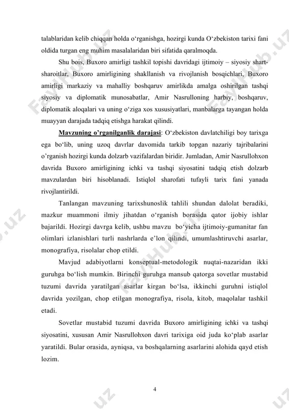 g harbiy islohotlari va harbiy yurishlarini bayon etish. bmining nazariy-uslubiy asoslari: o’zbekiston respublikasi prezidenti i.a.karimov asarlarida bayon qilingan vatanimiz tarixini ilmiy manbalarga tayangan holda haqqoniy o’rganish, xolislik va tarixiylik an‘analariga asoslangan yangi uslubiy yondashuvlar, muhim ahamiyatga ega bo’ldi. ishni bayon qilishda milliy istiqlol g’oyasi talablariga rioya qilindi. shuningdek, o’zbekiston respublikasi vazirlar mahkamasining tarix fanini rivojlantirishga doir qarorlarida ta‘kidlangan ko’rsatmalar, yo’l-yo’riqlar ham asosiy nazariy-metodologik asos bo’lib hisoblanadi. bmining ilmiy yangiligi va ahamiyati: ishda ilmiy adabiyotlarga tayangan holda buxoroda mang’itlar sulolasining hukmronlik yillariga bag’ishlangan asarlar, xususan, ishda amir nasrullohxon davrida buxoro amirligining ichki va tashqi siyosatiga doir manbalar tahlil qilindi. tadqiqot natijasida qo’lga kiritilgan yakuniy xulosalardan o’zbekiston tarixining o’qitishda, uslubiy qo’llanmalar tayyorlashda foydalanish mumkin. shuningdek, buxoroda mang’itlar sulolasining hukmronlik yillari ya’ni, 1753-1920 yilgacha bo’lgan davr tarixi bilan qiziquvchilar ham foydalanishlari mumkin. ishning aprobatsiyasi: bitiruv malakaviy ishning asosiy mazmuni va xulosalari qarshi davlat universiteti tarix fakulteti “o’zbekiston tarixi” kafedrasi qoshidagi “yosh o’lkashunoslar” to’garagi …