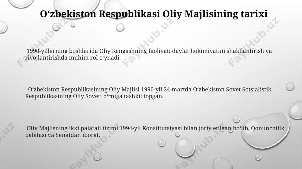 ning samaradorligini oshirishga xizmat qiladi. oliy majlisning qonun loyihalarini ko‘rib chiqish tartibi prezident tomonidan kiritilgan qonun loyihalari oliy majlisda ustuvor ko‘rib chiqiladi va tezkor tartibda qabul qilinishi mumkin. qonun loyihalarining 2/3 qismi parlamentning tegishli palatasi tomonidan qo‘llab-quvvatlanishi kerak. oliy majlisda qonun loyihalari 3 ta o‘qishda ko‘rib chiqiladi, har bir o‘qishda muhokama va ovoz berish jarayonlari amalga oshiriladi. oliy majlisning byudjet va moliya masalalari bo‘yicha vakolatlari konstitutsiyaga muvofiq, oliy majlis soliq va byudjet siyosati, davlat xarajatlari, davlat qarzi va boshqa muhim moliyaviy masalalarni belgilashda ishtirok etadi. oliy majlisning tegishli qo‘mitalari byudjet loyihalarini chuqur tahlil qilib, 100 dan ortiq moddalarni o‘z ichiga olgan hukumat takliflariga o‘zgartirishlar va qo‘shimchalar kiritish huquqiga ega. oliy majlis davlat byudjetini tasdiqlash, o‘zgartirish va bekor qilish bo‘yicha, shuningdek, davlatning moliyaviy-iqtisodiy faoliyatini nazorat qilish bo‘yicha muhim vakolatlarga ega. oliy majlisning nazorat funksiyalari majlisning parlament komissiyalari orqali 15 dan ortiq qonun loyihalarining bajarilishini kuzatib, ijro etuvchi hokimiyatning samaradorligini baholash mexanizmi …