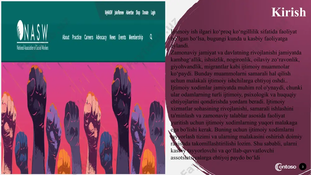ik ijtimoiy ishchilar uyushmasi 6. ijtimoiy ishchilarning milliy tashkiloti 7. amerika tibbiy ijtimoiy ishchilar assotsiatsiyasi 6 mildred joyner nasw ning 1990-yillarda faol a'zolaridan biri bo‘lib, u tashkilotning rivojlanishiga katta hissa qo‘shdi. u ko‘plab ijtimoiy ishchilarni birlashtirishdi va kasbiy siyosatni yaratishda faol ishtirok etdi. frances perkins dorothy i. heigt ijtimoiy ish va fuqarolik huquqlari faoli, nasw tashkilotining rivojlanishida ta'sirli rol o‘ynagan va ijtimoiy ishchilarning kasbiy, shuningdek, ijtimoiy tenglik va adolat sohasidagi harakatlarini qo‘llab-quvvatlagan. naswga hissa qo’shganlar 7 aqshning birinchi ayol mehnat vaziri bo‘lgan va ijtimoiy ishchilarning huquqlarini himoya qilishda muhim rol o‘ynagan shaxsdir. u ijtimoiy ishchilarning jamiyatdagi ahamiyatini tan olishda va mehnat sharoitlarini yaxshilashda katta hissa qo‘shgan. mcmillen nasw ning tashkil etilishida muhim rol o‘ynagan kishilardan biri edi. u ijtimoiy ish va kasbiy birlikning zaruriyatini tan oldi va nasw tashkiloti haqida birinchi marta rasmiy taklifni ilgari surdi. 8 ijtimoiy ishchilar milliy assotsatsiyasining ish faoliyati ko‘p jihatdan ijtimoiy ishchilarning kasbiy rivojlanishi, huquqlari …