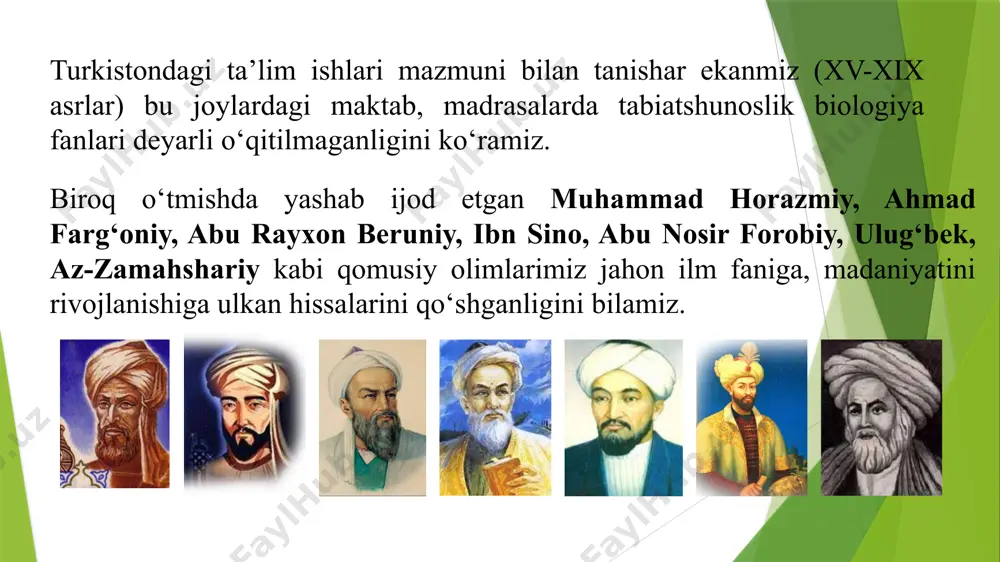 ilish kabilar talab etiladi. bu talablar albatda xozirgi zamon ekologiyasini ham talablaridir. zardushtiylik ta’limotiga e’tiqod qilgan xalqlar shubxasiz bu yo‘riqlardan foydalanib o‘z farzandlariga ta’lim-tarbiya berishda ham bu yo‘riqlardan foydalanishgan. zardushtiylikda yerni iflos qilish gunox xisoblangan yerni iflos qilgan kishilar 400 qamchi urish bilan jazolanganlar. «avesto»da tashqi muhit sharoitlarini muhofaza qilish axlatlarni iflos joylarni tuproq bilan ko‘mish, iflos joylarni kiyim kechaklarni sirka, kul, piyoz va boshqa giyoxlar bilan tozalash xaqida ko‘rsatmalar beriladi. undan tashqari pashshalar orqali yuqadigan kasalliklar ularni yo‘qotishga oid ma’lumotlar beriladi. foydali hayvonlarni muhofaza etish takidlanadi. «avesto»da sanitariya gigiyena qoidalariga amal qilish, badan tarbiya bilan muntazam shug‘ullanish, soch tirnoqlarni o‘stirmay tez-tez olib turish, me’yori bilan ovqatlanish kabilar xaqida ham ko‘rsatmalar mavjud. undan tashqari yaqin qarindoshlarni o‘zaro oila qurishlari man etilgan bo‘lib, bu narsani xozirgi zamon genetikasi ham tasdiqlaydi. malumki, jaxon fani va madaniyatining rivojlanishiga o‘rta osiyoda yashab, ijod etgan qomusiy olimlarning salmoqli xissalari bor. o‘rta osiyoda kadimdan fan, madaniyat …