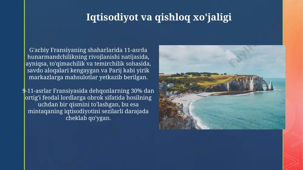 tarkibini sezilarli darajada o'zgartirdi. 911-yilda sent-klere shartnomasi bilan normandiya knyazligi tashkil etildi va bu voqea viking bosqinlarining tugashi va fransiya qirolligi bilan vikinglar o'rtasida rasmiy munosabatlarning boshlanishini belgiladi. karolinglar sulolasining qulashi va feodalizmning rivojlanishi normandiya kabi hududlarga vikinglarning bosqinlari va ularning yerlarga egalik qilishlari feodal munosabatlarning mustahkamlanishiga, shuningdek, feodal lordlar orasidagi qurolli to'qnashuvlarning ko'payishiga sabab bo'ldi. 9-11-asrlar davomida fransiya hududida 300 dan ortiq yirik feodal mulklari vujudga keldi, bu esa markaziy hokimiyatning zaiflashuvi va mahalliy lordlarning mustaqilligining oshishiga olib keldi. e'tiboringiz uchun rahmat @taqdimot_robot image4.jpg image5.jpg image6.jpg image7.jpg image8.jpg image9.jpg image10.jpg image11.jpg image12.jpg image13.jpg image14.jpg image15.jpg image16.jpg image17.jpg image18.jpg image2.png image3.png