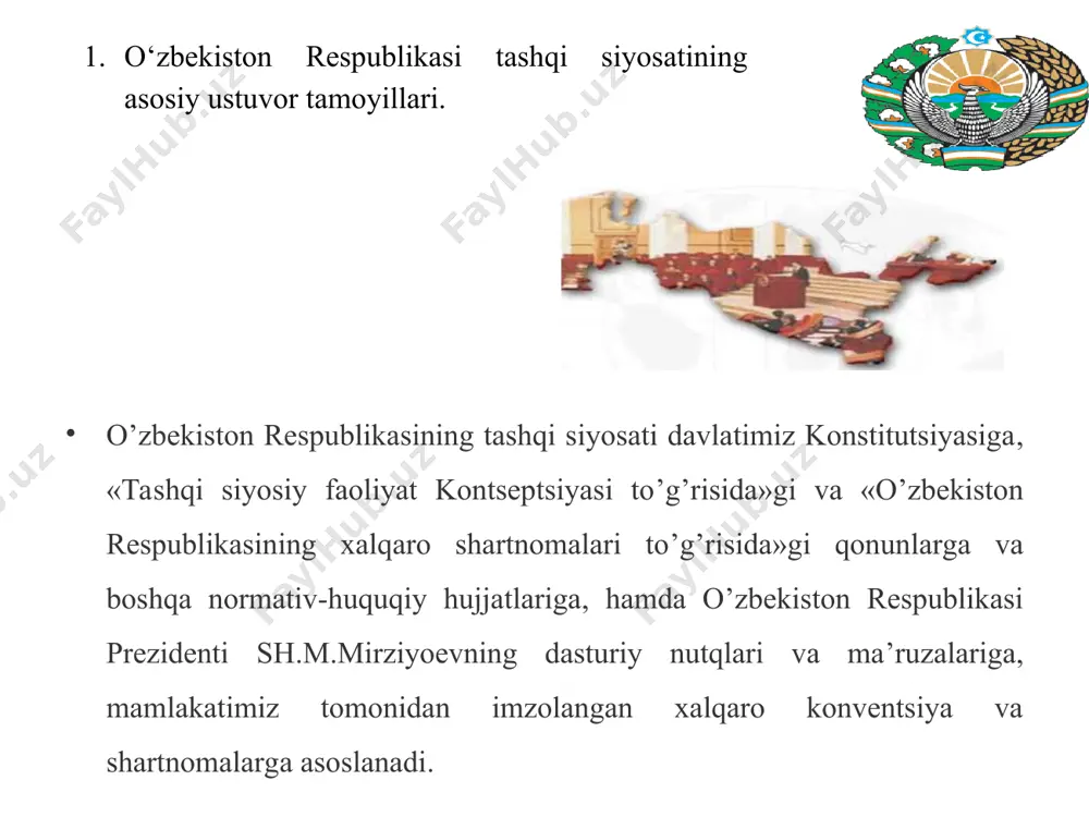 miy bоzоri, хalqarо enеrgеtika agеntligi, оsiyo davlatlari iqtisоdiy hamkоrlik tashkilоti, jahоn intеllеktual mulki tashkilоti, оsiyo rivоjlanish banki, еvrоpa оsiyo iqtisоdiy hamkоrligi h.k. 4.harbiy-siyosiy хalqarо tashkilоtlar: natо harbiy-siyosiy blоk, siyosiy еvrоpa ittifоqi va hоkazо. давлатларнинг хамкорлигига асосланган иқтисодий, сиёсий ва халқаро алоқалар тизимида яқинлашиш, бирлашишдир интеграция...? 2. o‘zbekiston respublikasining bmtga a’zo bo‘lishi hamda jahon hamjamiyatidagi o‘rni va nufuzini ortib borishi. бмт бмт ва ўзбекистон. 1992 йил 29 январда бирлашган миллатлар ташкилотининг хавфсизлик кенгаши ўзининг 737-сонли қарорини овозга қўймасдан қабул қилди ва бош ассамблеяга ўзбекистон республикасини бмтга қабул қилишни тавсия этди. 1992 йил 2 мартда бмт бош ассамблеясининг 46 – сессиясида ўзбекистон республикаси овозга қўйилмасдан, якдиллик билан маъқуллаш асосида бирлашган миллатлар ташкилотига қабул қилинди. шу куни бмт бош ассамблеяси биноси олдида ўзбекистон республикасининг давлат байроғи кўтарилди. 1993 йил 24 августда бмтнинг тошкентдаги ваколатхонаси очилди. ва иш бошлади. ўзбекистон бмtнинг тўлақонли аъзоси сифатида бу ташкилотнинг йиғилишларида иштирок этиши билан ўзининг халқаро ҳамжамиятга кириш …