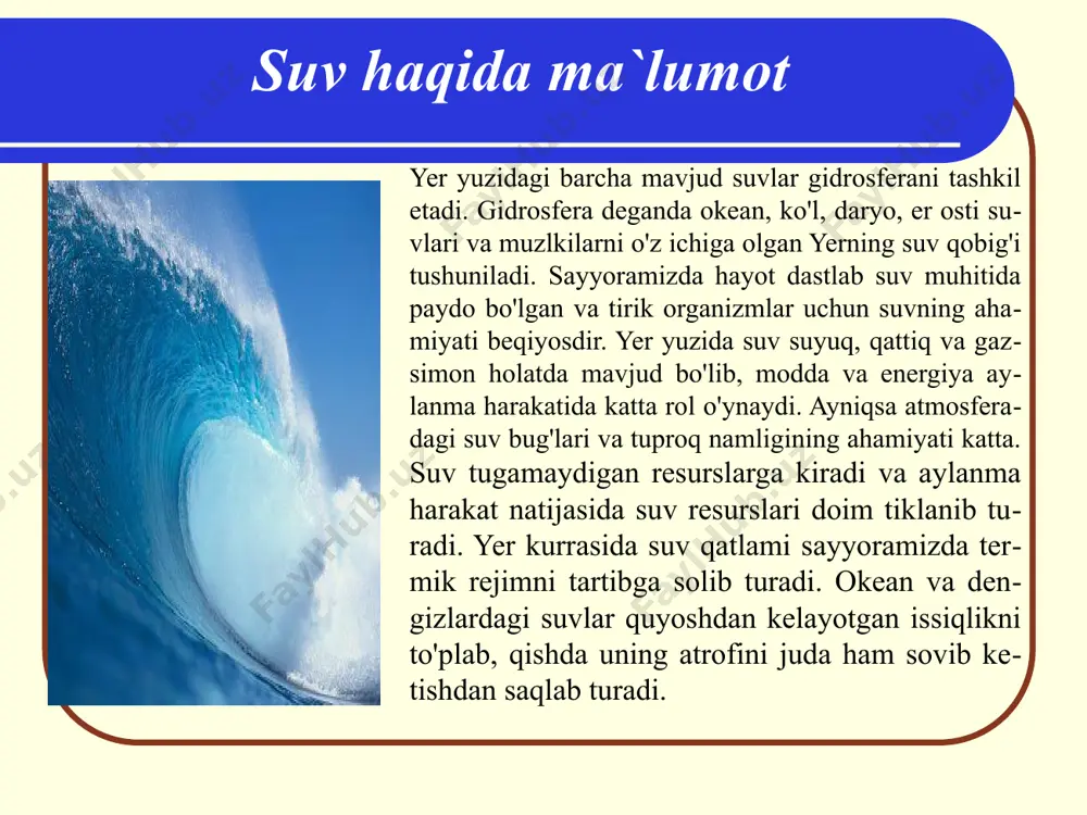 gi tabiiy toza suvlardan hamda yer ostida joylashgan chuchuk va o’rtacha minerallashgan suvlardan iborat. bularga qo’shimcha ravishda muz osti va muz ko’llari suvlarini, termal (issiq) yer osti suvlarini, tozalangan (ikkilamchi) suvlarni, oqava suvlarining bir qismini, atmosfera yog’inlarini va tuproqdagi namlikni kiritish mumkin. suv haqida ma`lumot viloyatimizning yuqori zonasidagi mavjud er osti suvi xalqimiz uchun katta omaddir, chunki banday toza ichimlik suvi hamma joyda ham topilmaydi. viloyatning pastki zonasida joylashgan er osti suvining ko'p qismi sho'rlanib, iste'mol qilishga yaroqsiz holga kelib qolgan. yuqori zonadagi sifatli er osti suvi bugungi kunda minglab quduqlar orqali surilib olinayapti. ushbu quduqlardan chiqqan suvning bir qismi sug'orish ishlariga sarflanayotgan bo'lsa, qolgan qismini muborak gazni kayta ishlash zavodi va sho'rtan gaz konlari ishlatmoqdalar. suvni muhofaza qilishning asosiy shartlaridan biri, uni tejab sarflashdir. suvni tejashda borgan sari ko'payib borayotgan oqova suvlarini yig'ib, uni tozalash va qayta ishlatish katta ahamiyatga egadir. ko'p joylarda sug'orish sistemasi (kanal, lotok, ariqlar) nosozligidan …