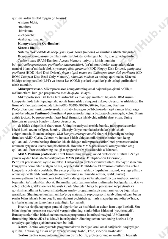 dors, acer, olivetti, gateway, sun va boshqa firmalardir. shuni aytish joizki, yuqorida nomlari zikr etilgan firmalar ishlab chiqargan kompyuterlar (bradename) – “oq yasalgan”, janubiy-sharqiy mamlakatlarda: malayziya, xitoy, tayland, koreya va boshqa mamalakatlarda yuqorida nomlari keltirilgan firmalar litsenziyasi asosida ishlab chiqarilgan kompyuterlar “sariq yasalgan” nomga ega. firma nomlari ko`rsatilmagan kompyuterlar esa “nomsiz kompyuterlar” (noname)deb yuritiladi. ayniqsa, keyingi guruh kompyuterlarni sotib olishda ular yaxshi tekshiruvdan (testlar yordamida) o`tkazilishi lozim. shaxsiy kompyuterlar uchun uning muhim ko`rsatkichi ishlash kafolatining (kamida uch yil) bo`lishi muhim. shu bilan birga, bunday kompyuterlarni sotib olganda litsenzion programma ta’minoti va tegishli adabiyotlar bilan birga berilish imkoniyati mavjudligi nazarda tutilishi kerak. noutbuk kompyuterlar. noutbuk kompyuterlar hajmi ancha ixcham bo`lib, ammo bajaradigan amallar soni, xotira hajmi shaxsiy kompyuterlar darajasiga ko`tarilib bormoqda. ularning qulaylik tomonlaridan biri ham elektr energiyasidan, ham ichiga o`rnatilgan batareyalarda uzluksiz (batareyani har safar almashtirmasdan) ishlashi mumkinligidir. bunda batareya quvvati energiyaga ulanishi bilan o`zi zarad ola boshlaydi va u …