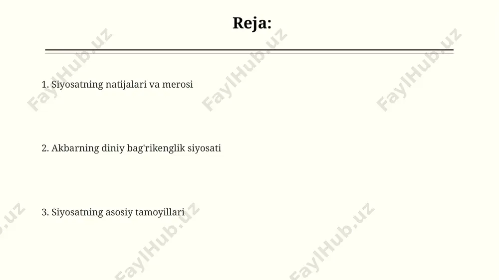 g barqarorligi va ijtimoiy uygʻunlikka erishish strategiyasining asosiy tamoyillaridan biri edi. akbarning diniy bagʻrikenglik siyosati uning 1570-yillardan boshlab, turli din vakillarining fikrlarini tinglash va muhokamalar oʻtkazish orqali shakllana boshlagan. bu siyosat, shuningdek, uning koʻp millatli va koʻp dinli imperiyasini boshqarish strategiyasining muhim qismidir. akbarning diniy bagʻrikenglik siyosati, "sulh-i-kul" ("umumiy tinchlik") tushunchasi bilan chambarchas bogʻliq boʻlib, uning siyosiy maqsadlariga, jumladan, imperiyaning birligini mustahkamlashga xizmat qilgan. dinlararo muloqotga akbarning munosabati ma’badlarni qurish va ta’mirlashga sarmoya kiritish, shuningdek, turli din vakillariga — brahmanlar, zardushtiylik, xristianlik, buddizm va boshqalarga — mulk egaligi va mansablar berish akbarning bag‘rikenglik siyosatining amaliy ko‘rinishlaridan edi. akbar 1562-yilda jizya soliqini bekor qildi – bu musulfmon bo‘lmaganlarga qo‘llaniladigan soliq bo‘lib, uning siyosiy va iqtisodiy ahamiyatiga qaramasdan, diniy bag‘rikenglikni namoyish etdi. akbarning “дин-и илахий” deb nomlangan yangi dini, turli din vakillarining ta’limotlarini sintez qilishga urinib, 10 ga yaqin din vakillarini o‘z ichiga olgan. bu uning diniy bag‘rikenglik siyosatining muhim jihati edi. …