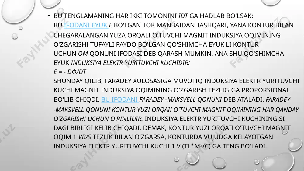 i. joul — lens qonunita muvofiq, uyurma toklar hosil boʻlganda oʻtkazgichlar qizib, energiyaning yoʻqolishiga va oqibatda mashinalarning f.i.k. pasayishiga sabab boʻladi. bularni kamaytirish uchun oʻzgaruvchan tokda ishlaydigan mashina va apparatlarning magnit oʻzagini yaxlit ferromagnetiklar (elektrotexnika poʻlati) dan emas, balki birbiridan izolyatsiyalangan (mas, maxsus loklar bn) plastinalardan tayyorlanadi. uyurma toklar metallarni eritish, ularning yuzasini toblash va boshqalarda qoʻllanadi. xulosa magnit maydonning o`zgarishi tufayli berk konturda hosil bo`lgan tok induksion tok, hodisaning o`zi esa elektromagnit induksiya hodisasi deb ataladi induksion tokni hosil qiluvchi elektr yurituvchi kuch induksion elektr yurituvchi kuch (induksiya – eyuk) deb ataladi.induksiya hodisasi elektr maydonni magnit maydon bo’glikligini tavsiflaydi. elektromagnit induksiya -magnit maydonni ozgartirish orqali elektr tokini hosil qilishga aytiladi. uyurmaviy toklar hosil bolganda otkazgich qizishiiga olib keladi yani pateriya-elektr tokini issiqlikka aylanib kettishiga aytiladi. bunda tok isrof boladi. pateriya orqali energetika sohasida ko’plab korrupsaviy ishlar roy beradi foydanilgan adabiyotlar; https://hozir.org/elektromagnit-induksiya-hodisasi-va-uning-qollanilishi-reja-el.html https://uz.wikipedia.org/wiki “ ” image3.png image1.png