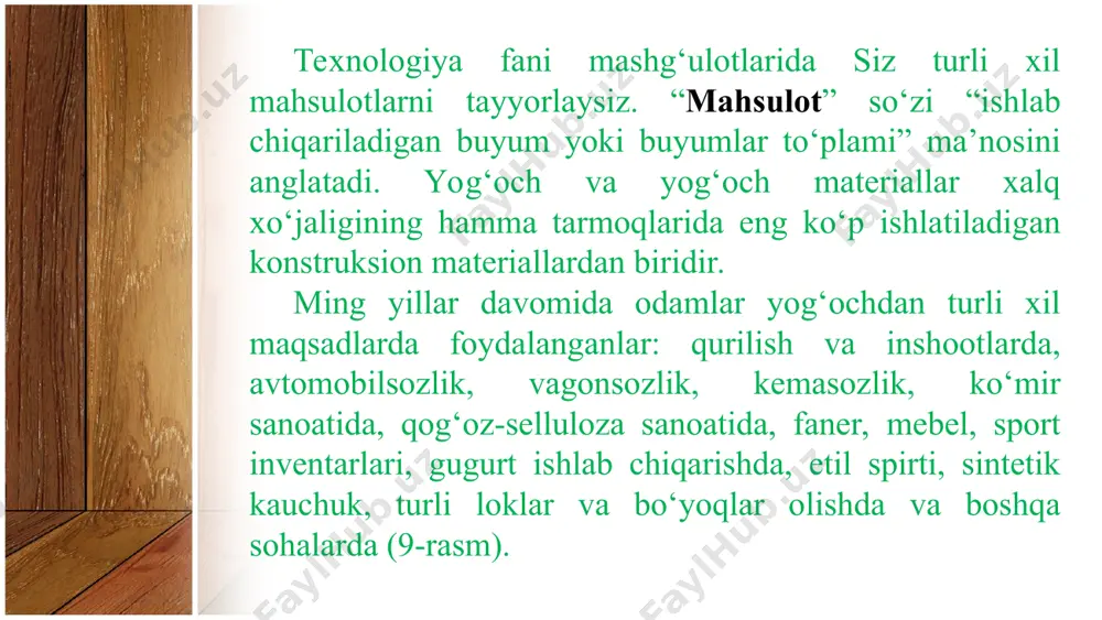 ro) va o‘zakdan iborat. uning ko‘ndalang qirqimida bahorda hosil bo‘lgan yirik hujayrali och rangdagi, yumshoq va yozda hosil bo‘lgan mayda hujayrali, to‘q rangdagi, qattiq qatlamlardan hosil bo‘lgan yillik halqalarni ko‘rish mumkin. bu halqalar soniga qarab daraxt yoshi aniqlanadi. yillik halqalarni daraxtlarning pastki yo‘g‘on qismida sanash osonroq (12-rasm). daraxt tanasini uch xil yo‘nalishda kesib o‘rganiladi (13-rasm). 12-rasm. daraxtning yillik halqalari ko‘rinishi. 13-rasm. daraxt tanasining asosiy qirqimlari. shoxlar qismiga daraxtning eng uchidagi to‘g‘ridan to‘g‘ri foydalanishga yaroqsiz shoxlari va barglari kiradi. shoxlar yerdan tana orqali olingan ozuqa moddalarini barglarga o‘tkazadi. barglar daraxt tanasida hosil bo‘lgan ortiqcha namlikni bug‘lantiradi, havo tarkibidagi karbonat angidrid (co2 ) gazini yutib, o‘zidan sof kislorod ajratish xususiyatiga ega. yog‘och materiallari ular olinadigan daraxtlarning turiga asosan ikki xil – ignabargli va yaproq bargli daraxt yog‘ochlaridan iborat (14-rasm). bargli daraxtlarning yillik halqalari qancha enli bo‘lsa, zichligi ortiq bo‘lib, u shuncha qattiq, puxta bo‘ladi. agar yog‘och tolalar bo‘ylab kesilsa, kesilgan tekislikda uning …
